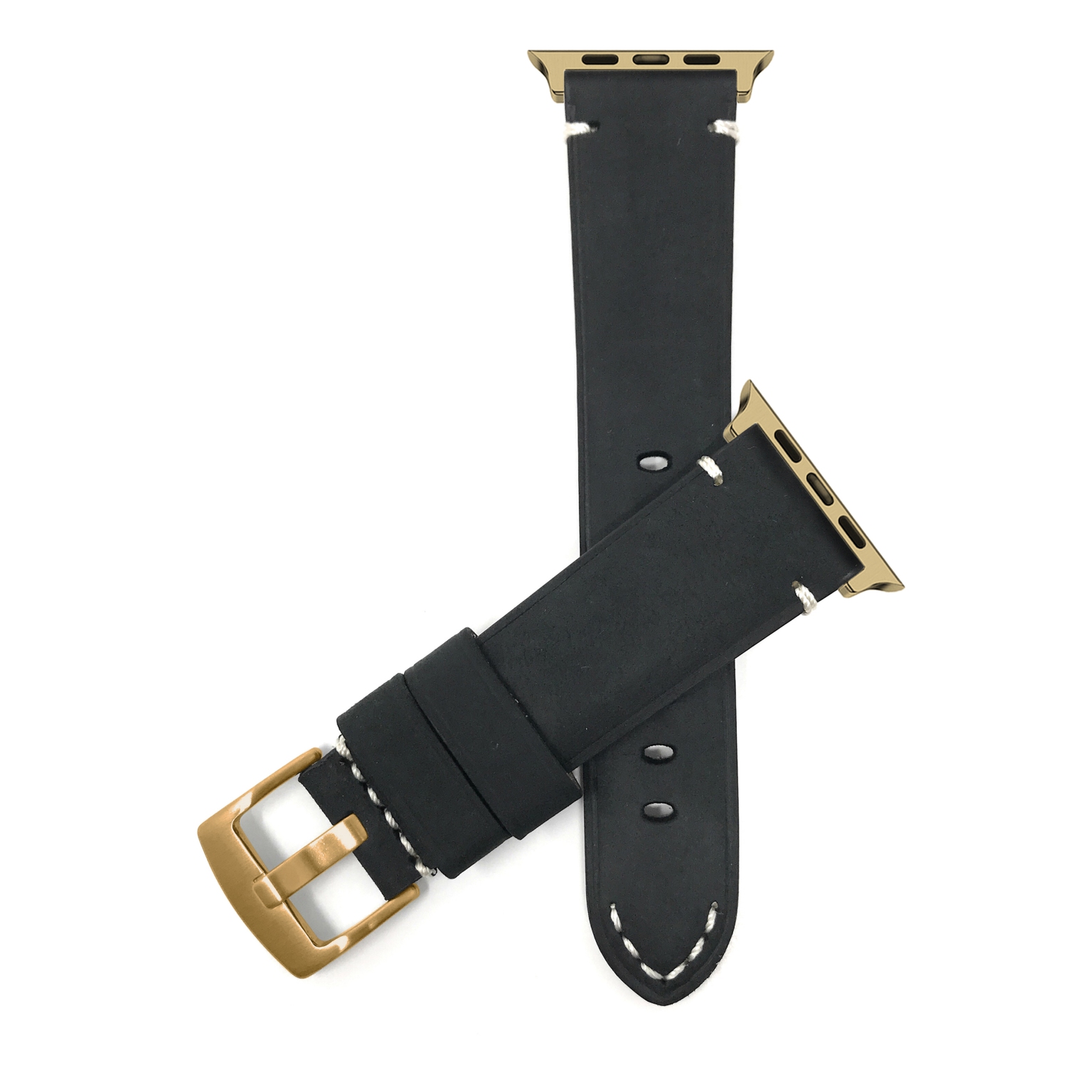 Bandini Extra Long Leather Watch Strap for Apple Watch Band 41mm / 40mm / 38mm, Series 9 8 7 6 5 4 3 2 1 & SE Distressed, Black / Gold Hardware
