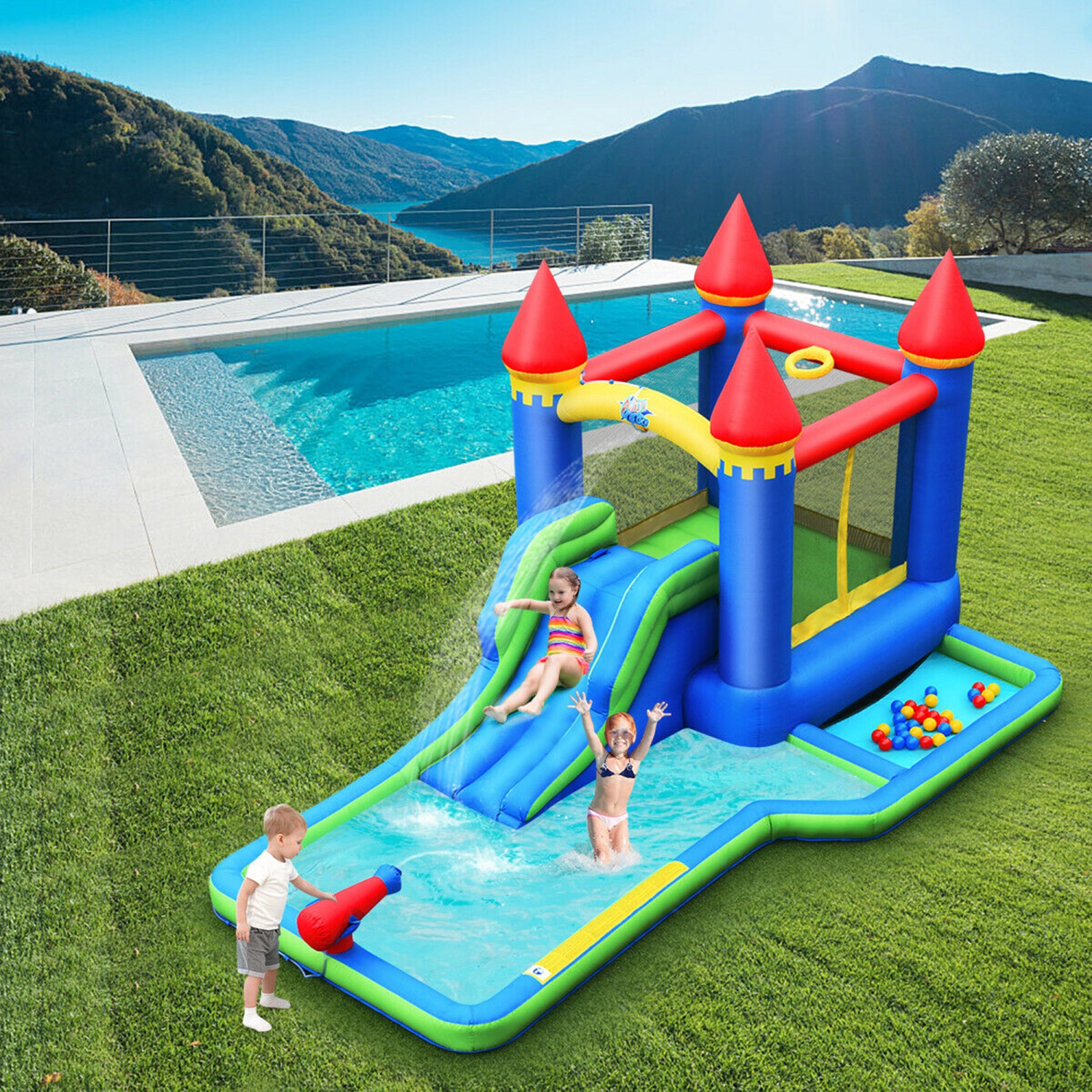 Gymax Inflatable Bouncer Climbing Slide Bounce House Water Park BallPit Without Blower