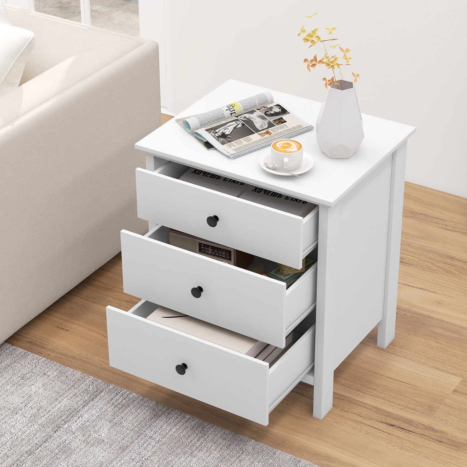 Gymax 3-Drawer Nightstand Wooden Bedside Table Modern Side End Table Space-Saving White