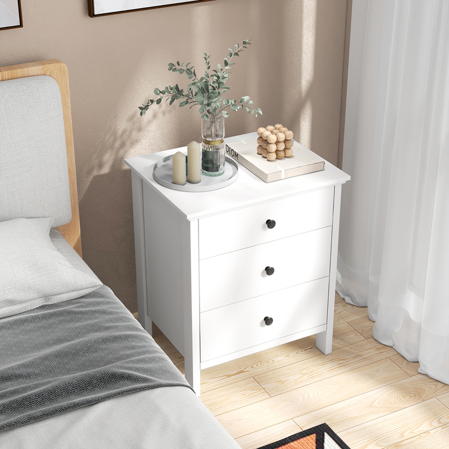 Gymax 3-Drawer Nightstand Wooden Bedside Table Modern Side End Table Space-Saving White