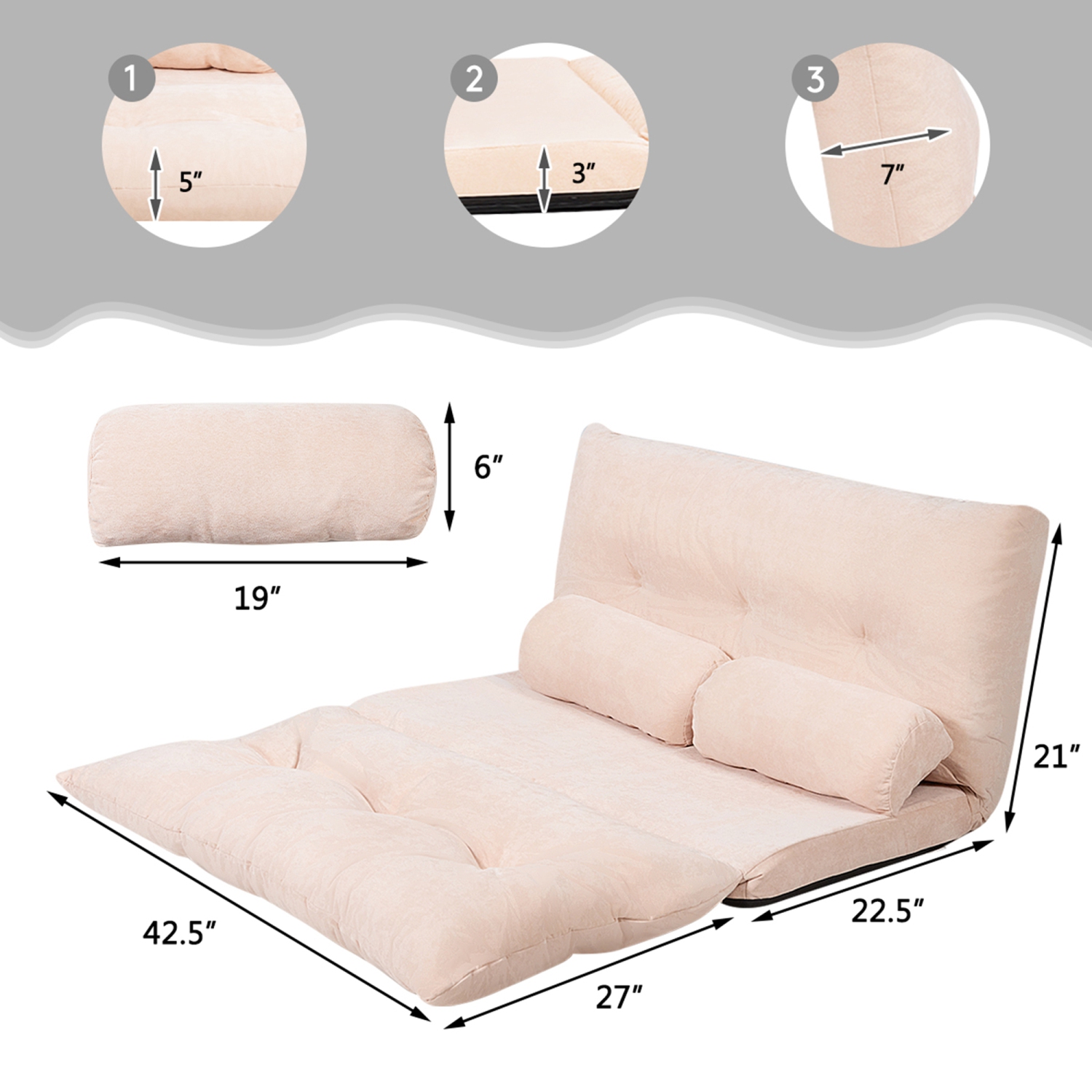 Gymax Floor Sofa Bed 6-Position Adjustable Sleeper Lounge Couch with 2 Pillows