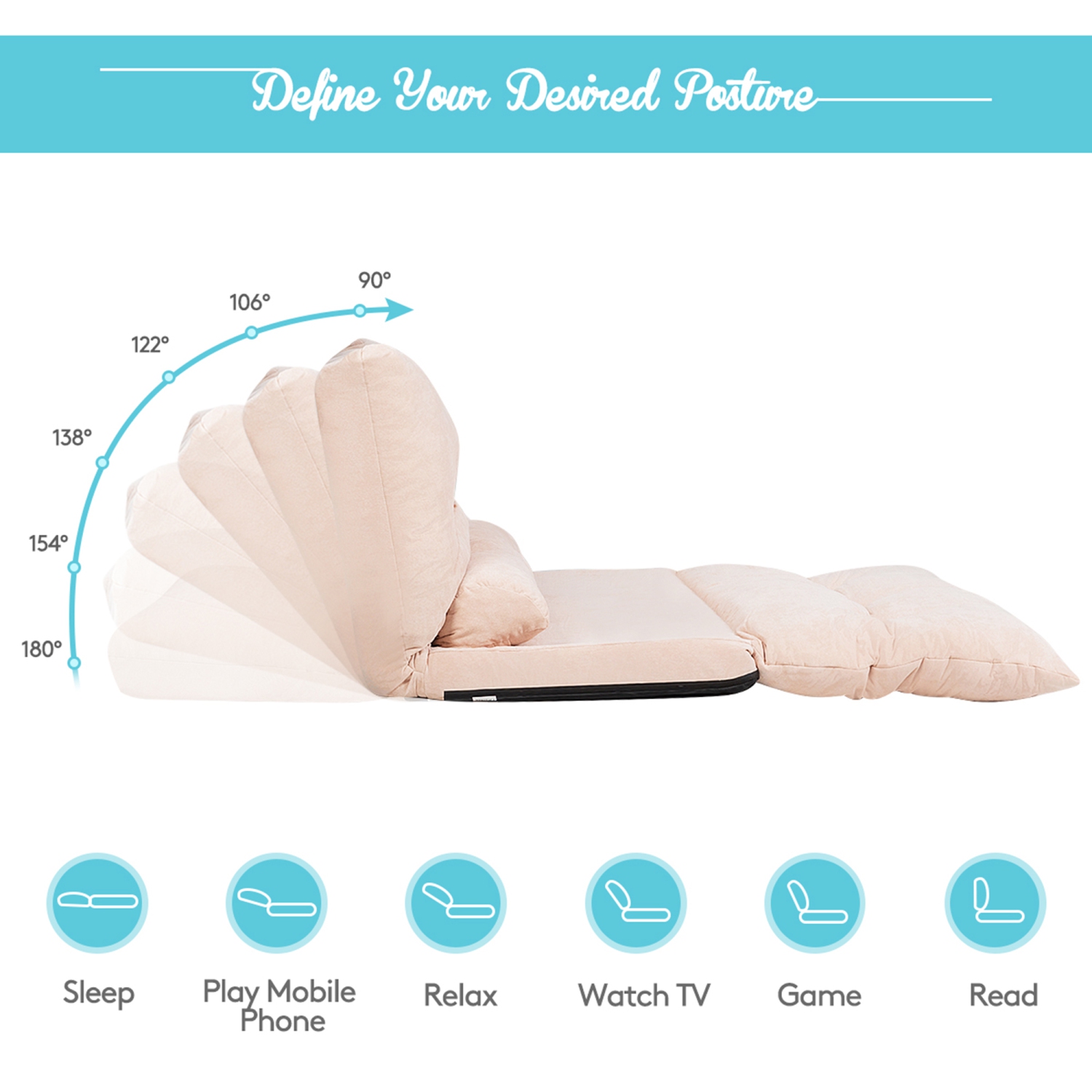 Gymax Floor Sofa Bed 6-Position Adjustable Sleeper Lounge Couch with 2 Pillows