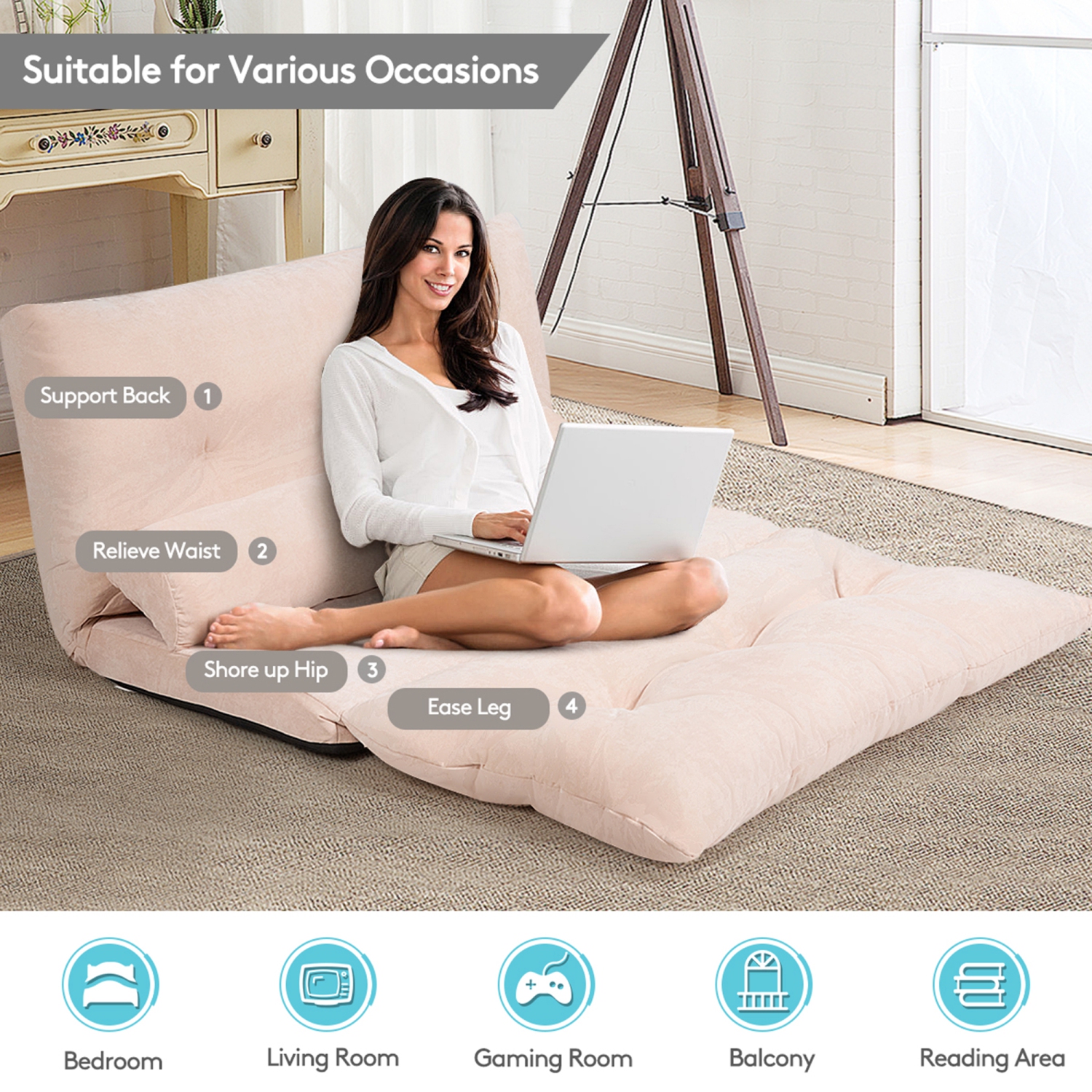 Gymax Floor Sofa Bed 6-Position Adjustable Sleeper Lounge Couch with 2 Pillows