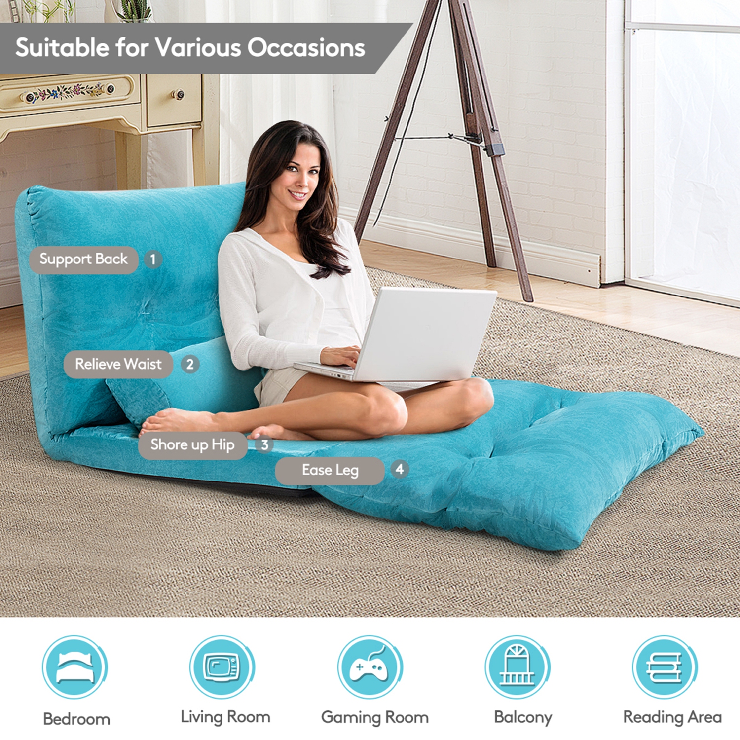 Gymax Floor Sofa Bed 6-Position Adjustable Sleeper Lounge Couch with 2 Pillows