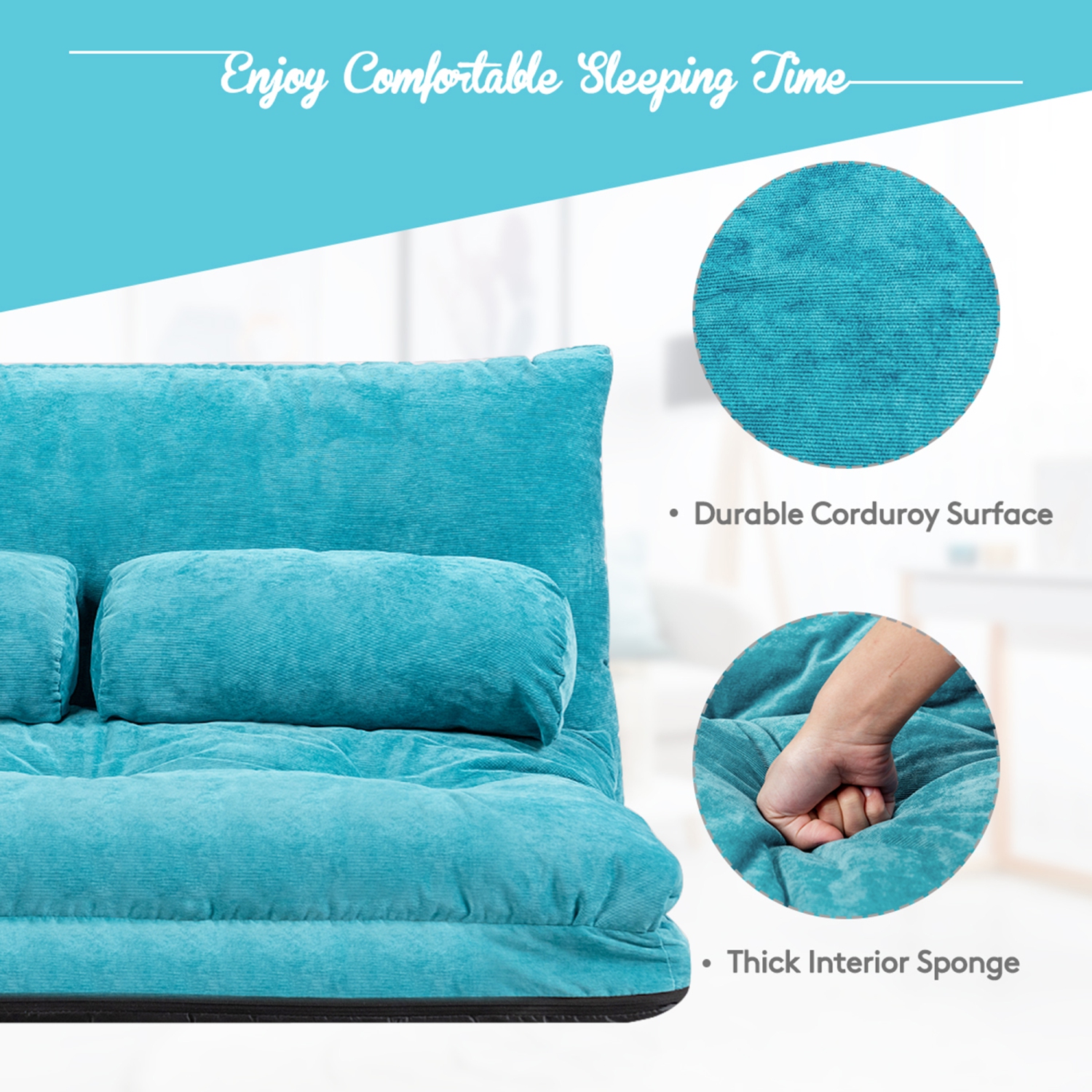 Gymax Floor Sofa Bed 6-Position Adjustable Sleeper Lounge Couch with 2 Pillows