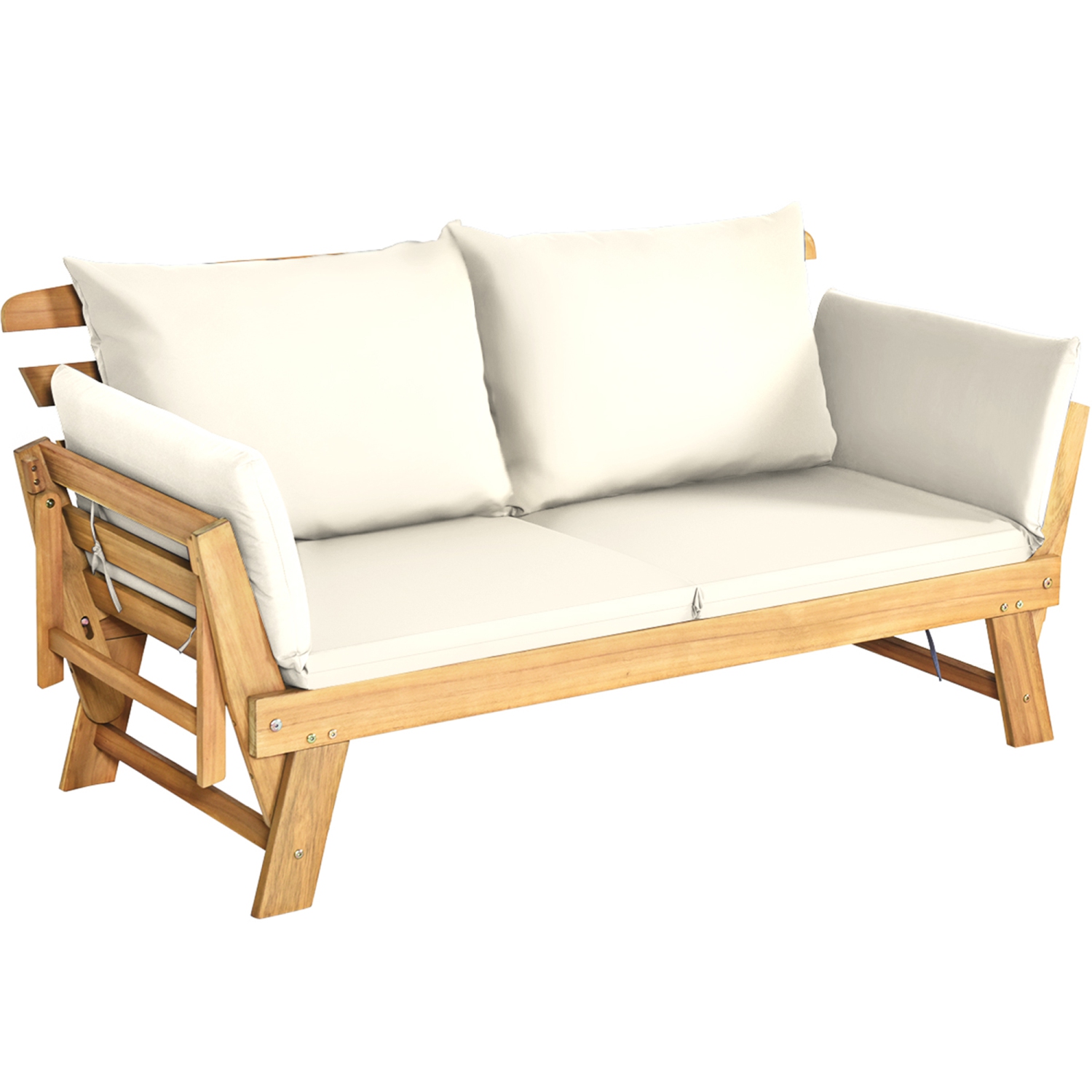 Gymax Adjustable Patio Sofa Daybed Acacia Wood Furniture w/ White Cushions