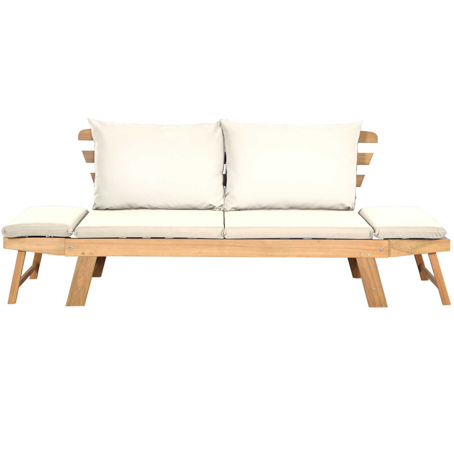 Gymax Adjustable Patio Sofa Daybed Acacia Wood Furniture w/ White Cushions