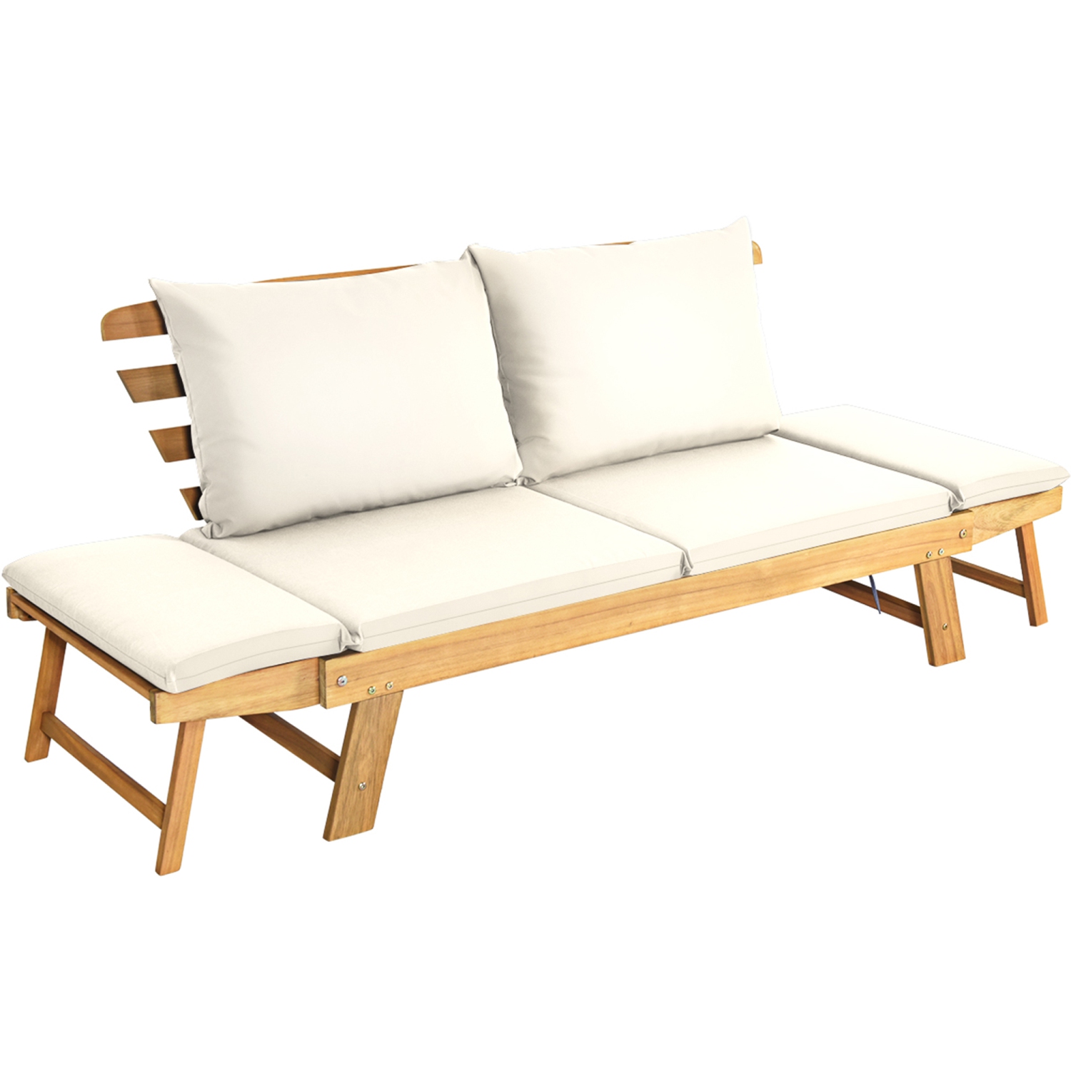Gymax Adjustable Patio Sofa Daybed Acacia Wood Furniture w/ White Cushions
