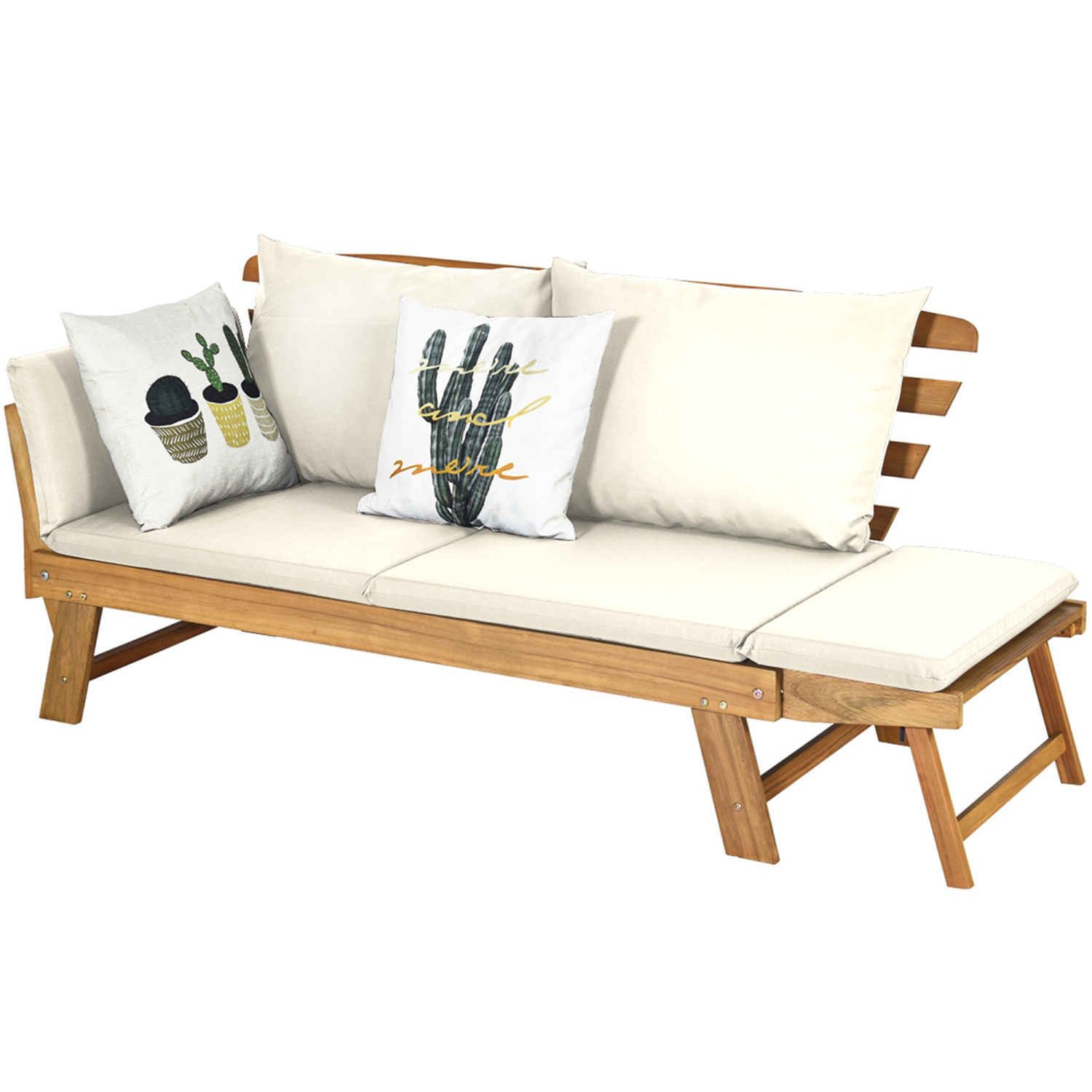 Gymax Adjustable Patio Sofa Daybed Acacia Wood Furniture w/ White Cushions