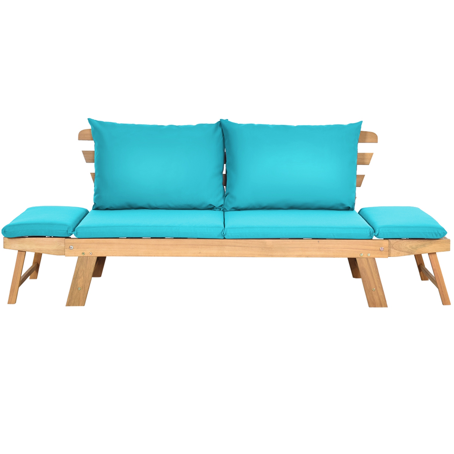 Gymax Adjustable Patio Sofa Daybed Acacia Wood Furniture w/ Turquoise Cushions