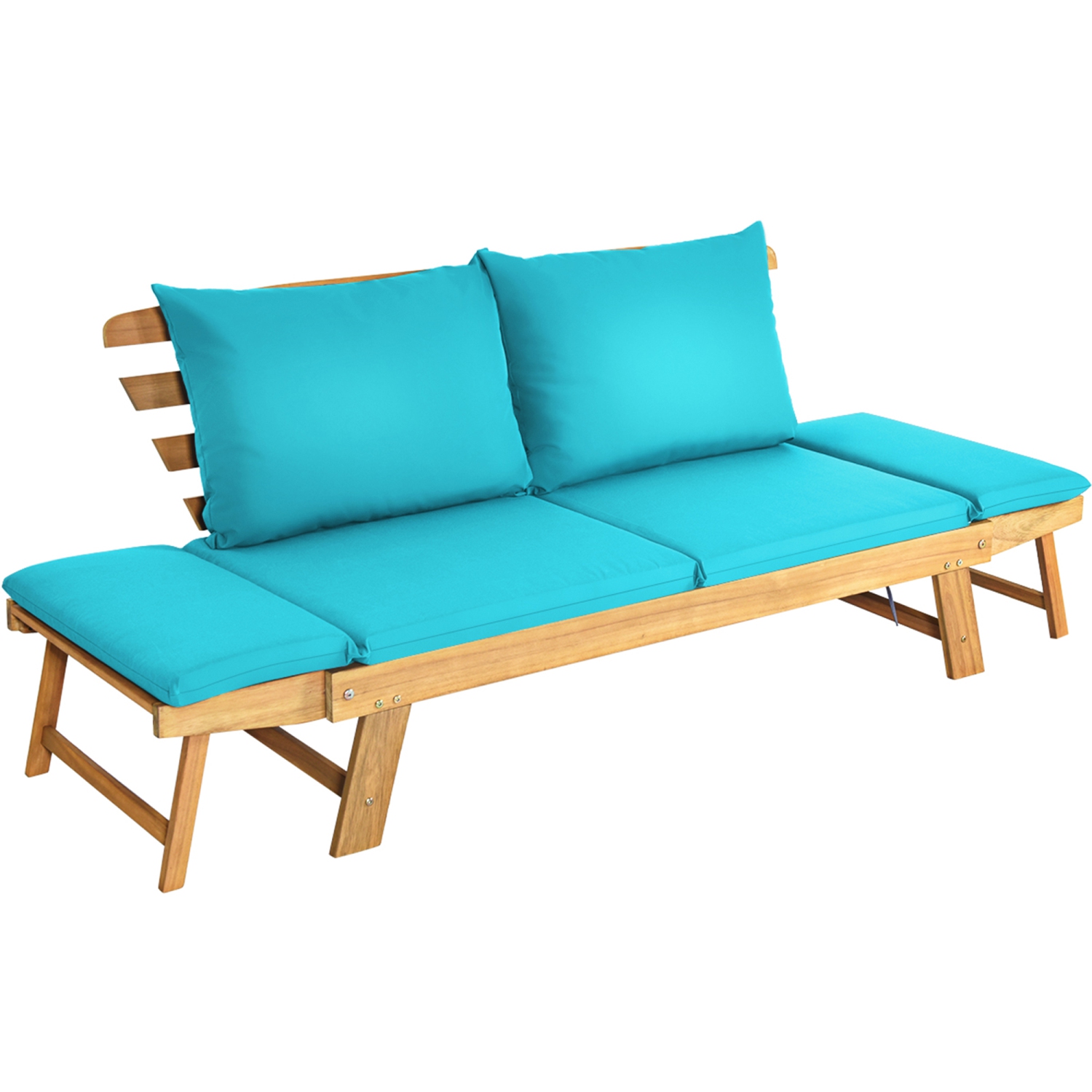 Gymax Adjustable Patio Sofa Daybed Acacia Wood Furniture w/ Turquoise Cushions