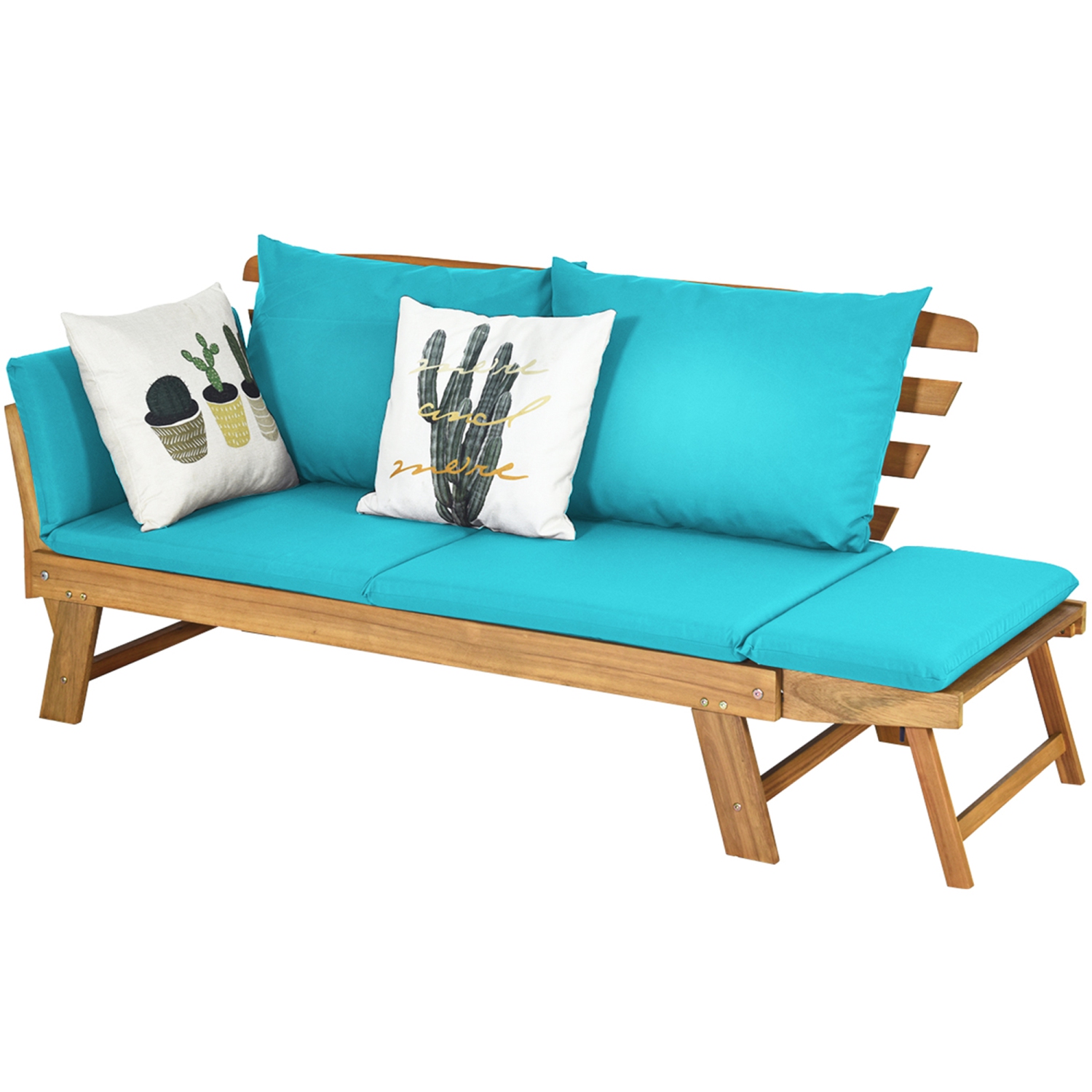 Gymax Adjustable Patio Sofa Daybed Acacia Wood Furniture w/ Turquoise Cushions