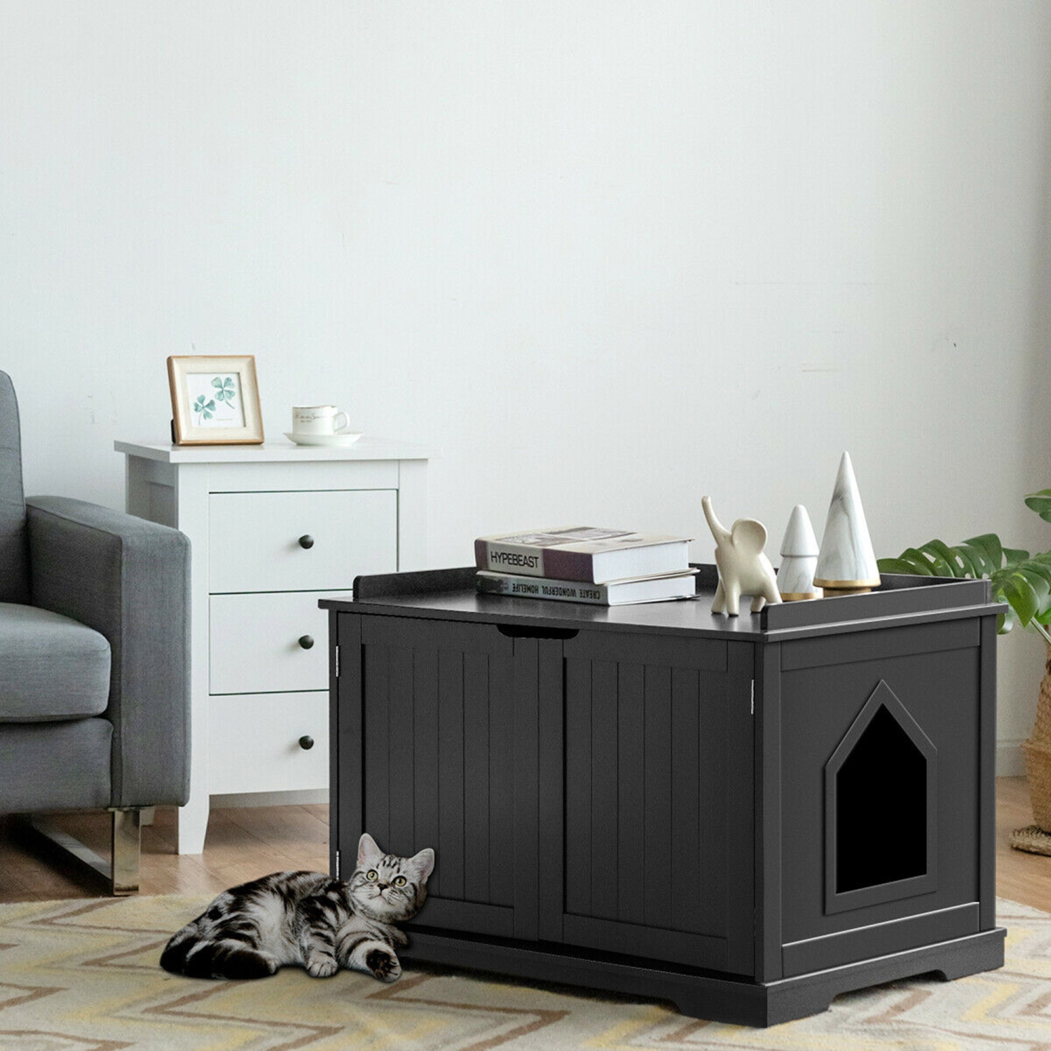 Gymax Cat Litter Box Wooden Enclosure Pet House Sidetable Washroom Storage Bench Black