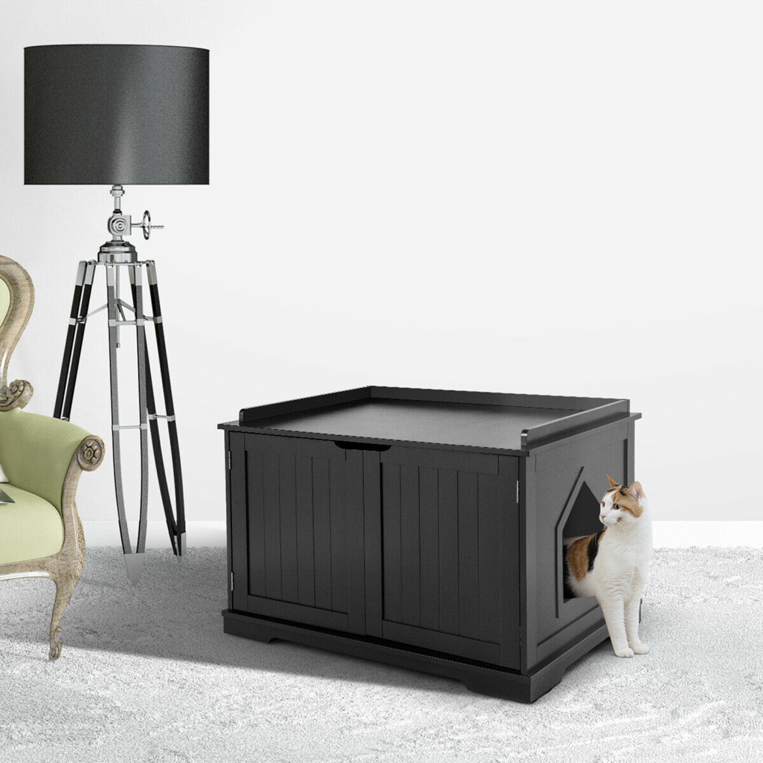 Gymax Cat Litter Box Wooden Enclosure Pet House Sidetable Washroom Storage Bench Black