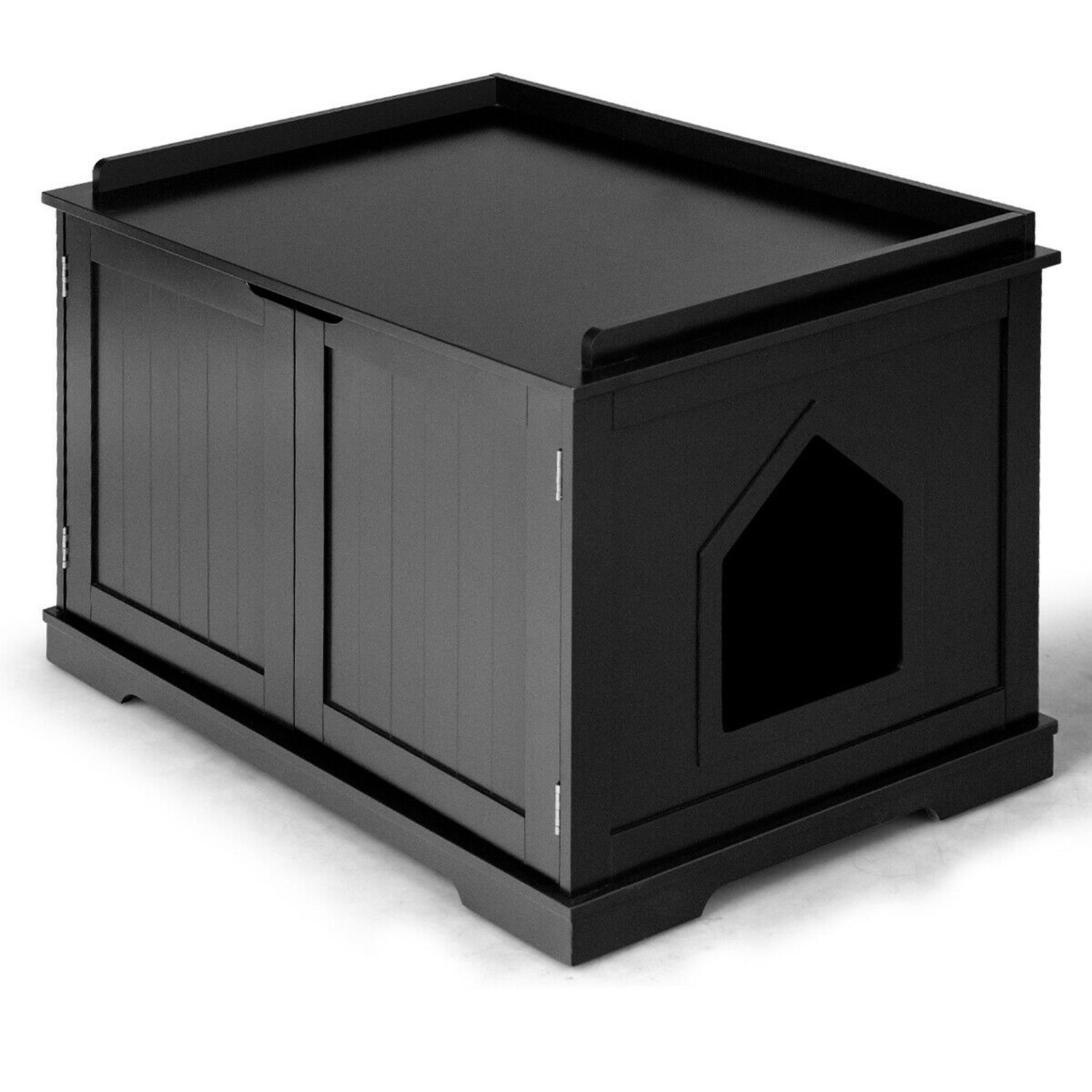 Gymax Cat Litter Box Wooden Enclosure Pet House Sidetable Washroom Storage Bench Black