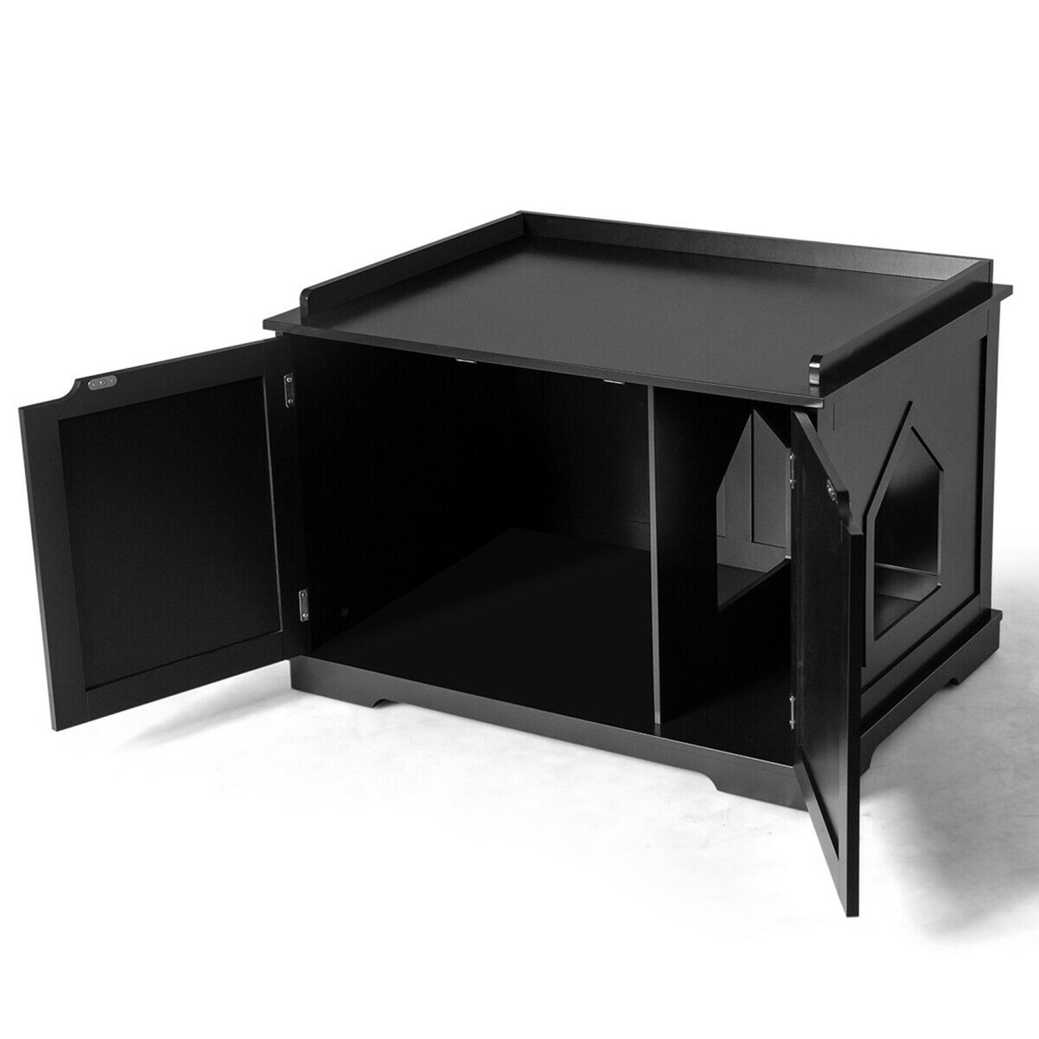 Gymax Cat Litter Box Wooden Enclosure Pet House Sidetable Washroom Storage Bench Black