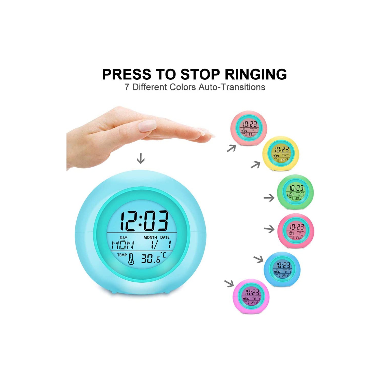 Réveille-matin pour enfants avec commandes tactiles et 7 couleurs variables pour chambre d’enfant, horloge pour enfants