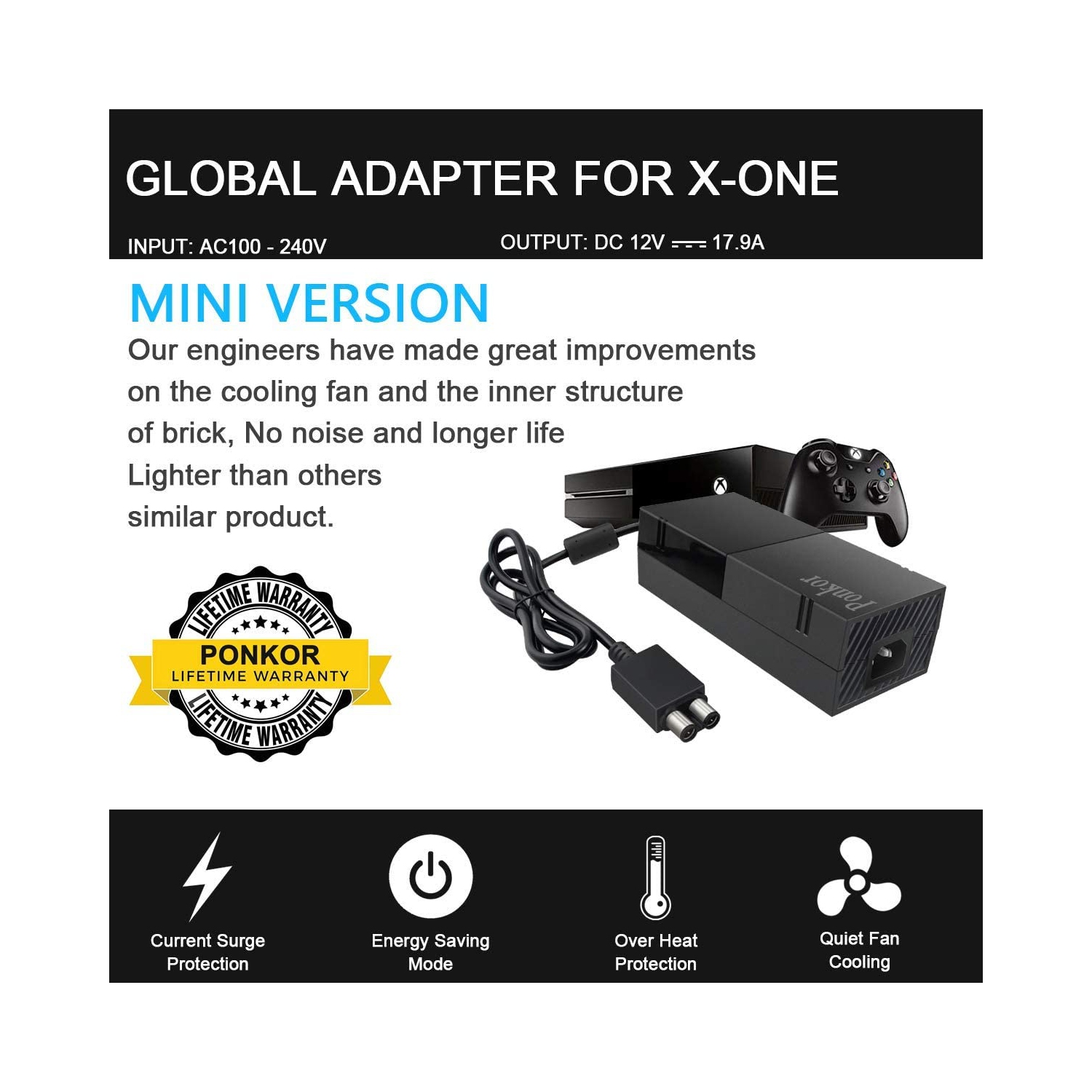 Bloc d’alimentation pour Xbox One, adaptateur c.a. pour Xbox 1 de Ponkor, cordon d’alimentation, chargeur de rechange pour Xbox One de 100 à 240 V,