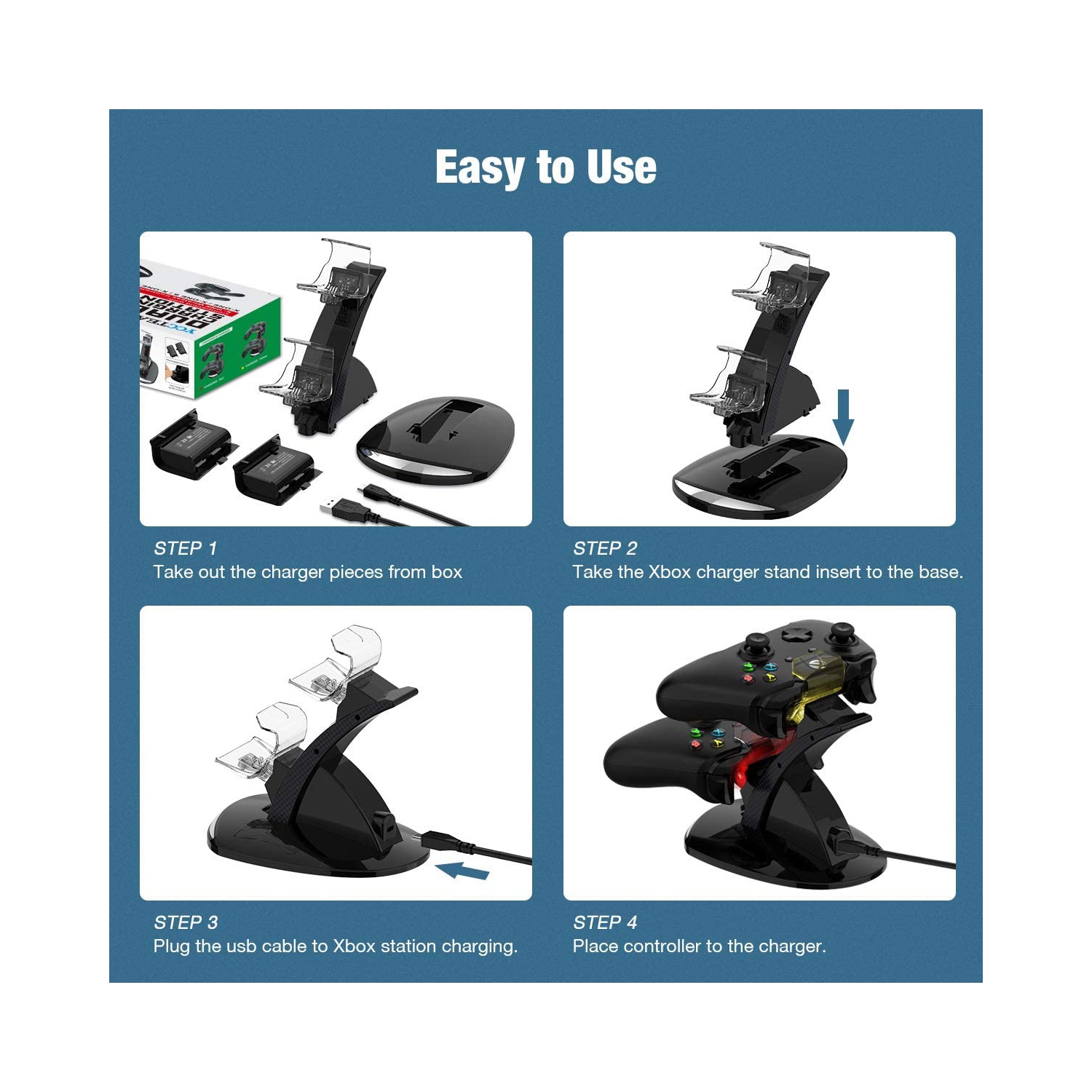 Chargeur de manette pour Xbox One, station de recharge double pour Xbox One/One S/One X, deux batteries de 1200 mAh de qualité