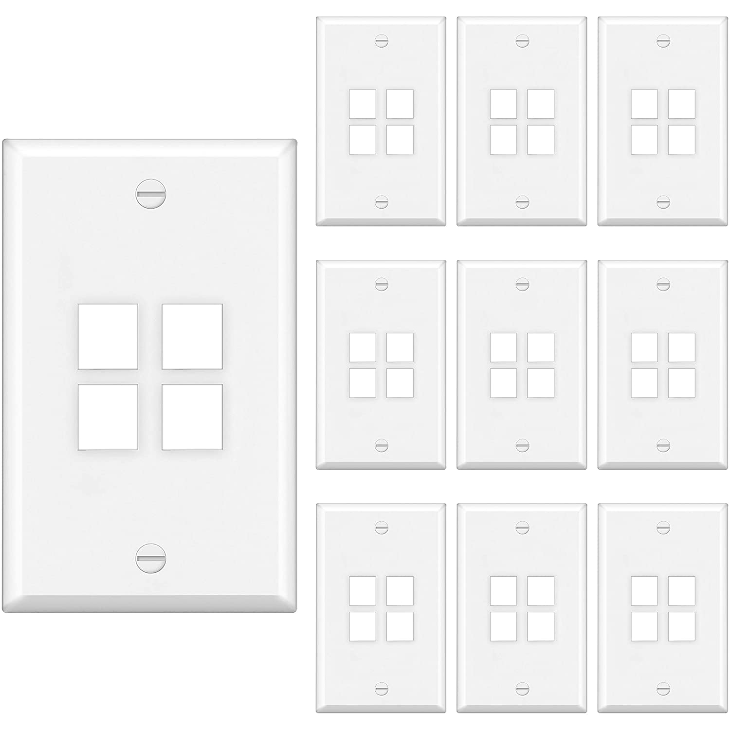 [10 Pack] BESTTEN 4-Port Keystone Wall Plate, for Keystone Jack and Modular Inserts, Unbreakable Polycarbonate, cUL