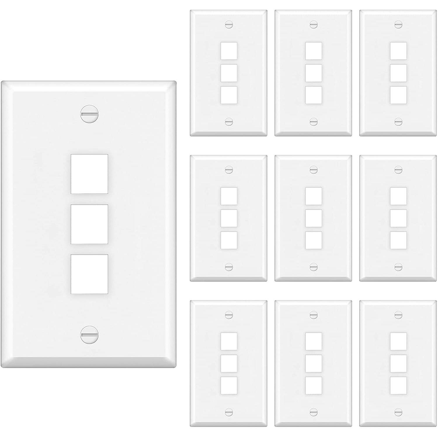 [10 Pack] BESTTEN 3-Port Keystone Wall Plate, for Keystone Jack and Modular Inserts, Unbreakable Polycarbonate, cUL
