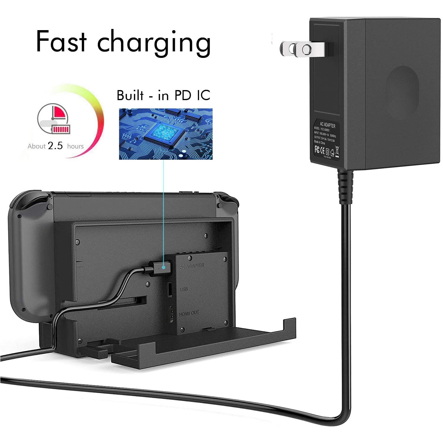 Adaptateur c.a. pour Switch et Switch Lite, chargeur USB rapide type C PD YAEYE pour Nintendo Switch, 5 pi