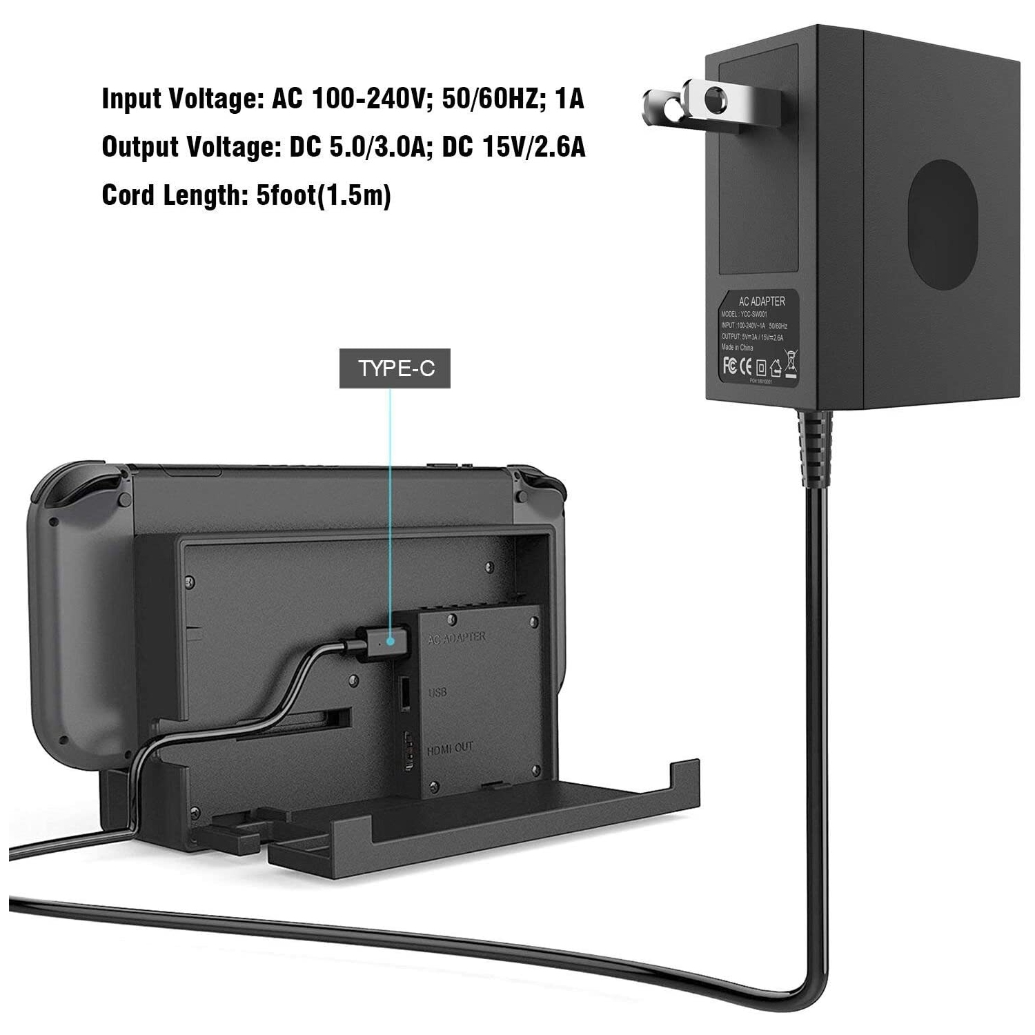 YCCSKY Switch Charger for Nintendo Switch and Nintendo Switch Lite, [ENHANCED VERSION] AC Adapter Power Supply Charger