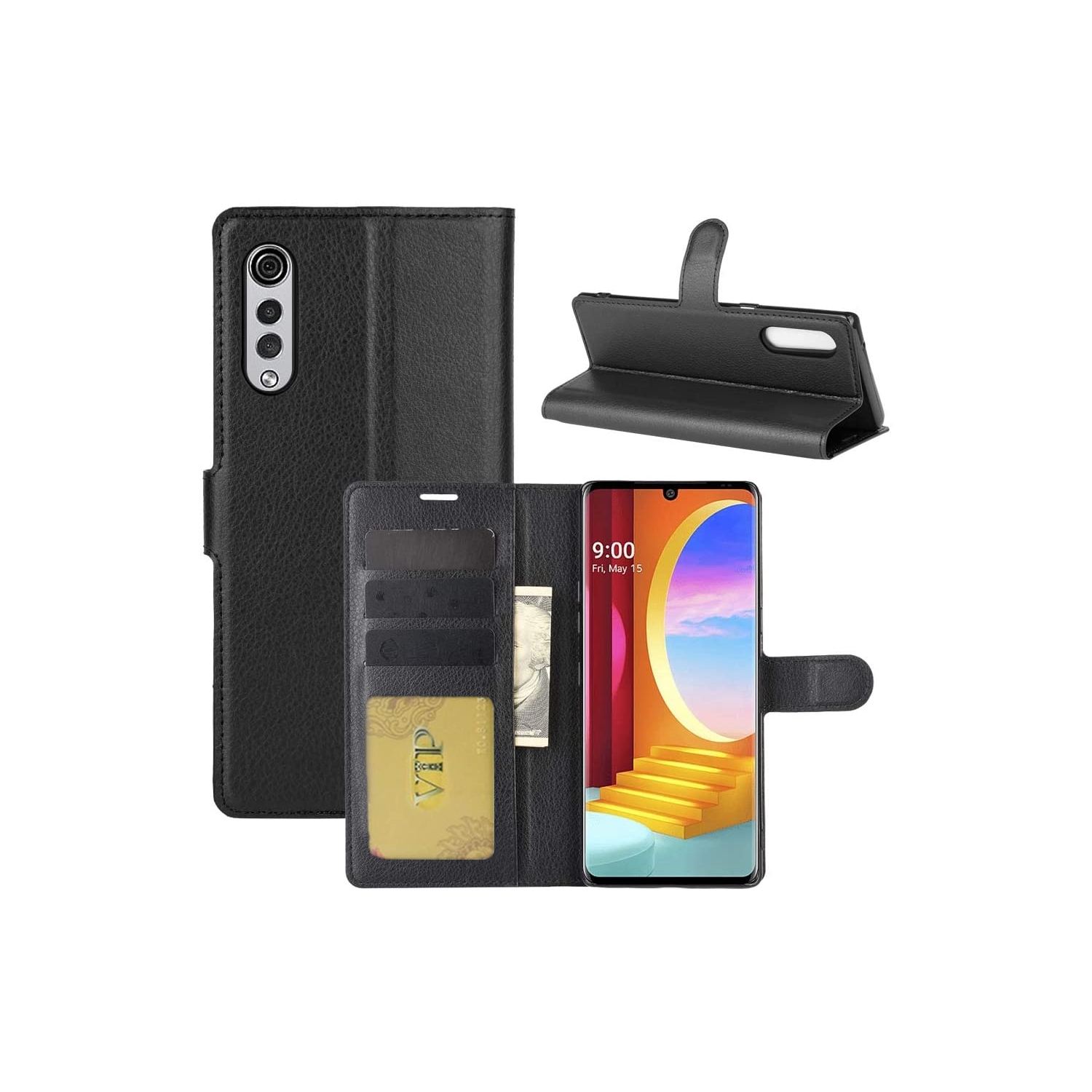 [CS] LG – Étui Velvet 5G, étui folio en cuir magnétique à rabat avec fente pour carte, noir