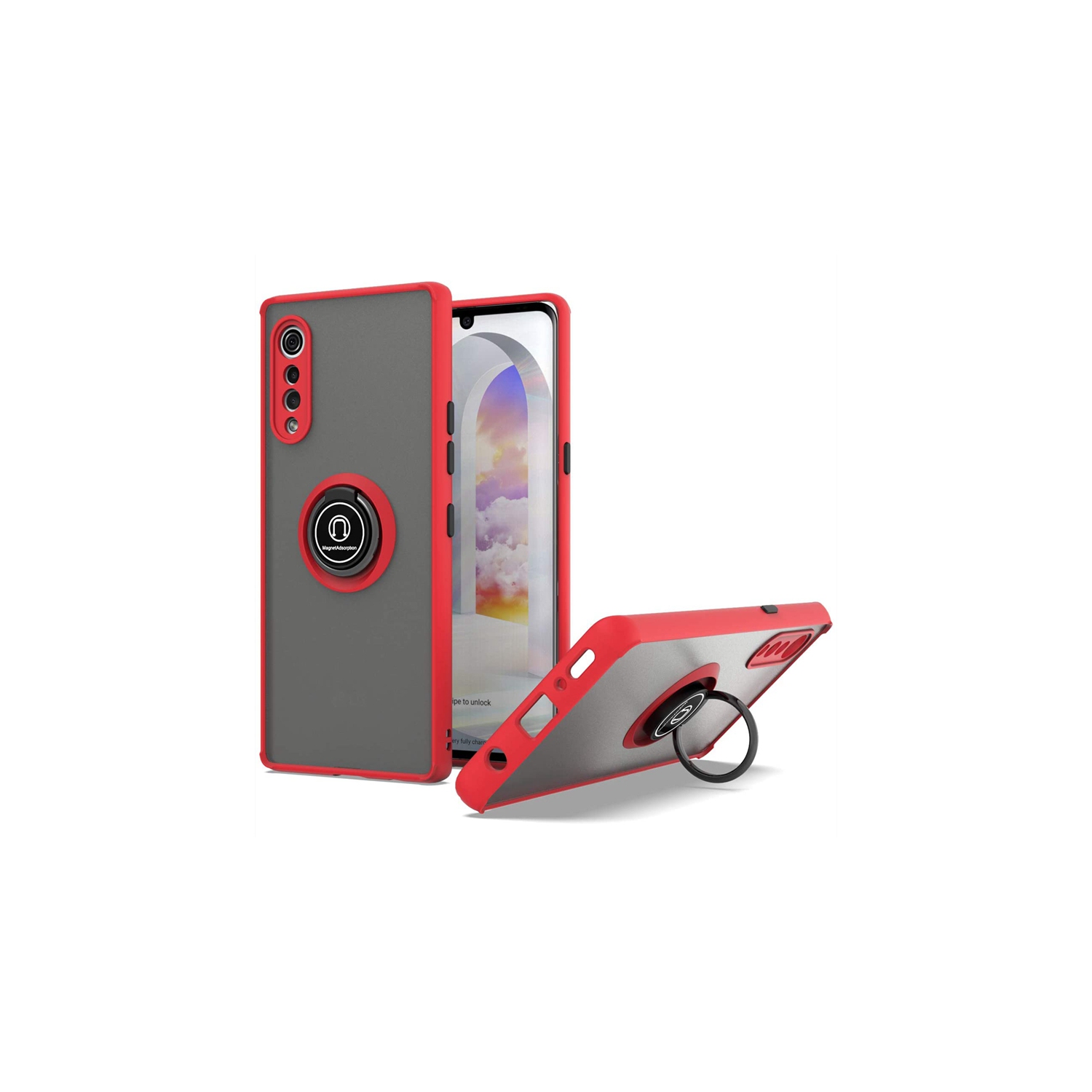 【CSmart】 Anti-Drop Hybrid Magnetic Hard Armor Case with Fashion Ring Holder for LG Velvet, Red