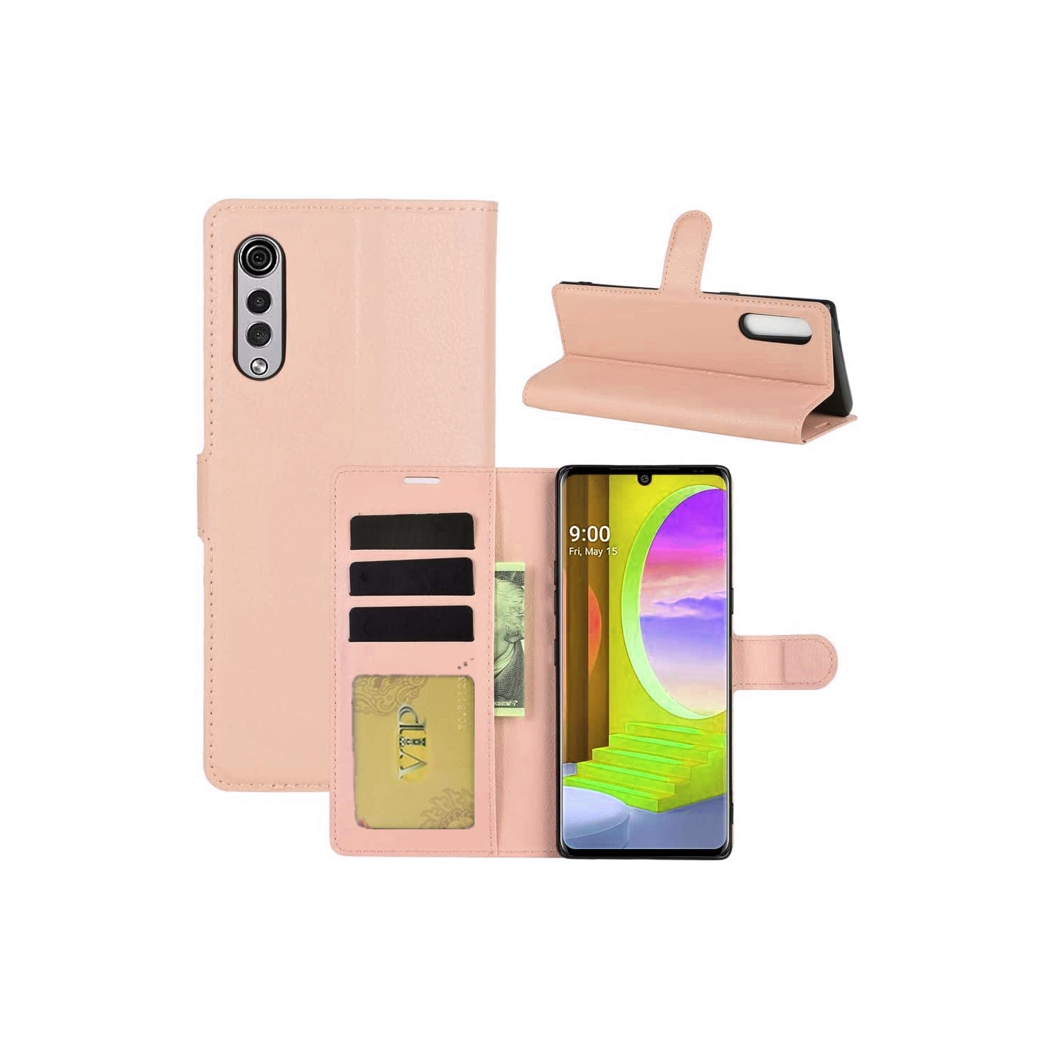 [CS] LG Velvet 5G, étui folio en cuir magnétique à rabat avec fente pour carte, rose doré