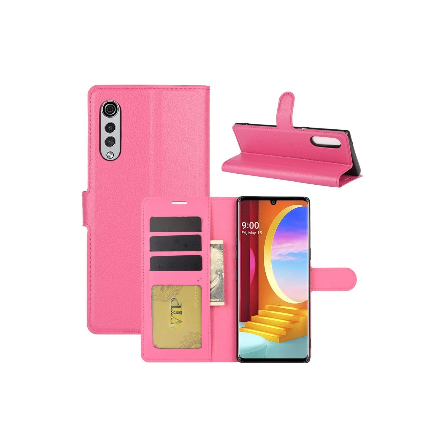 [CS] LG Velvet 5G Case, Magnetic Leather Folio Wallet Flip Case Cover with Card Slot, Hot Pink