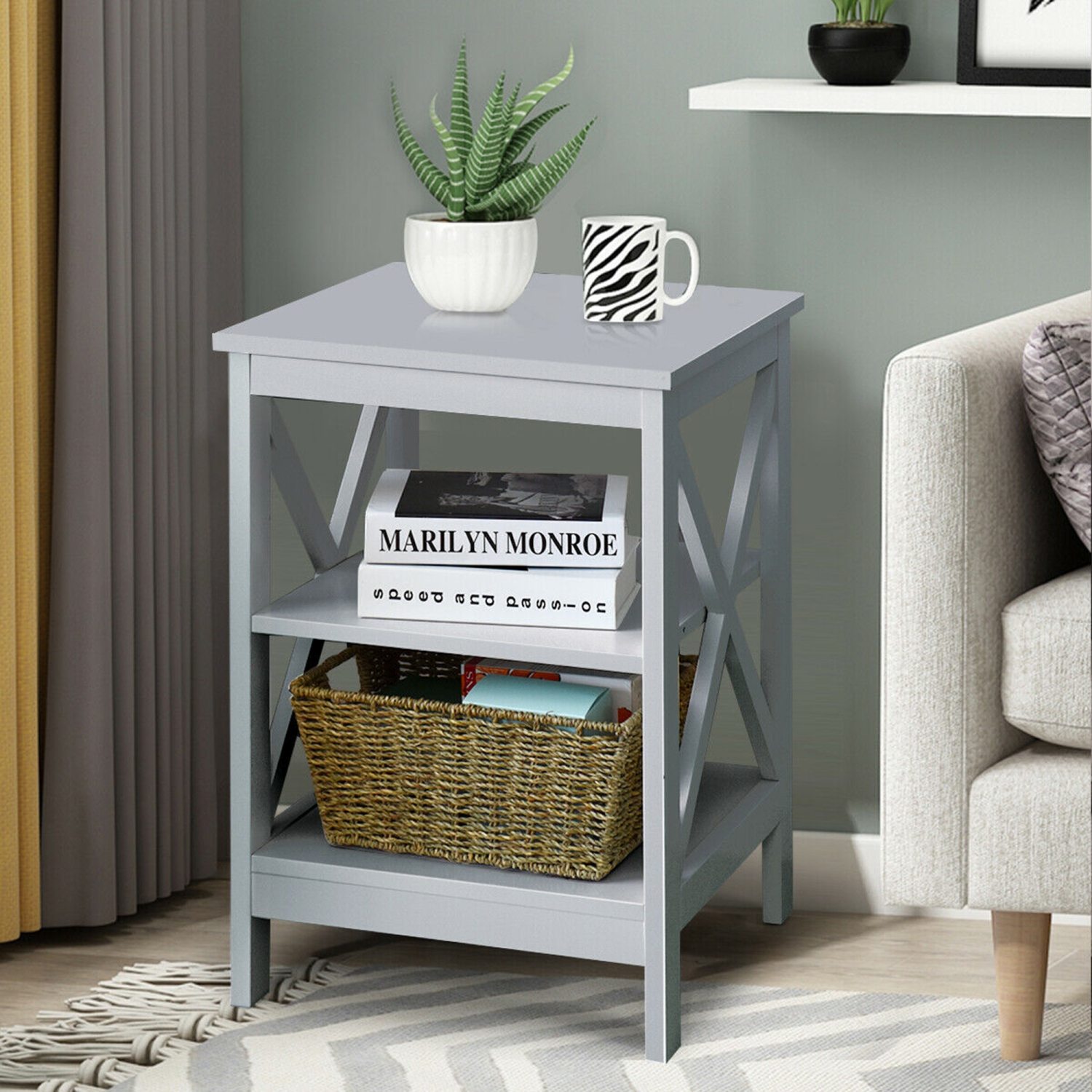 Gymax 3-Tier Nightstand End Table X Design Storage Display Shelf Living Room