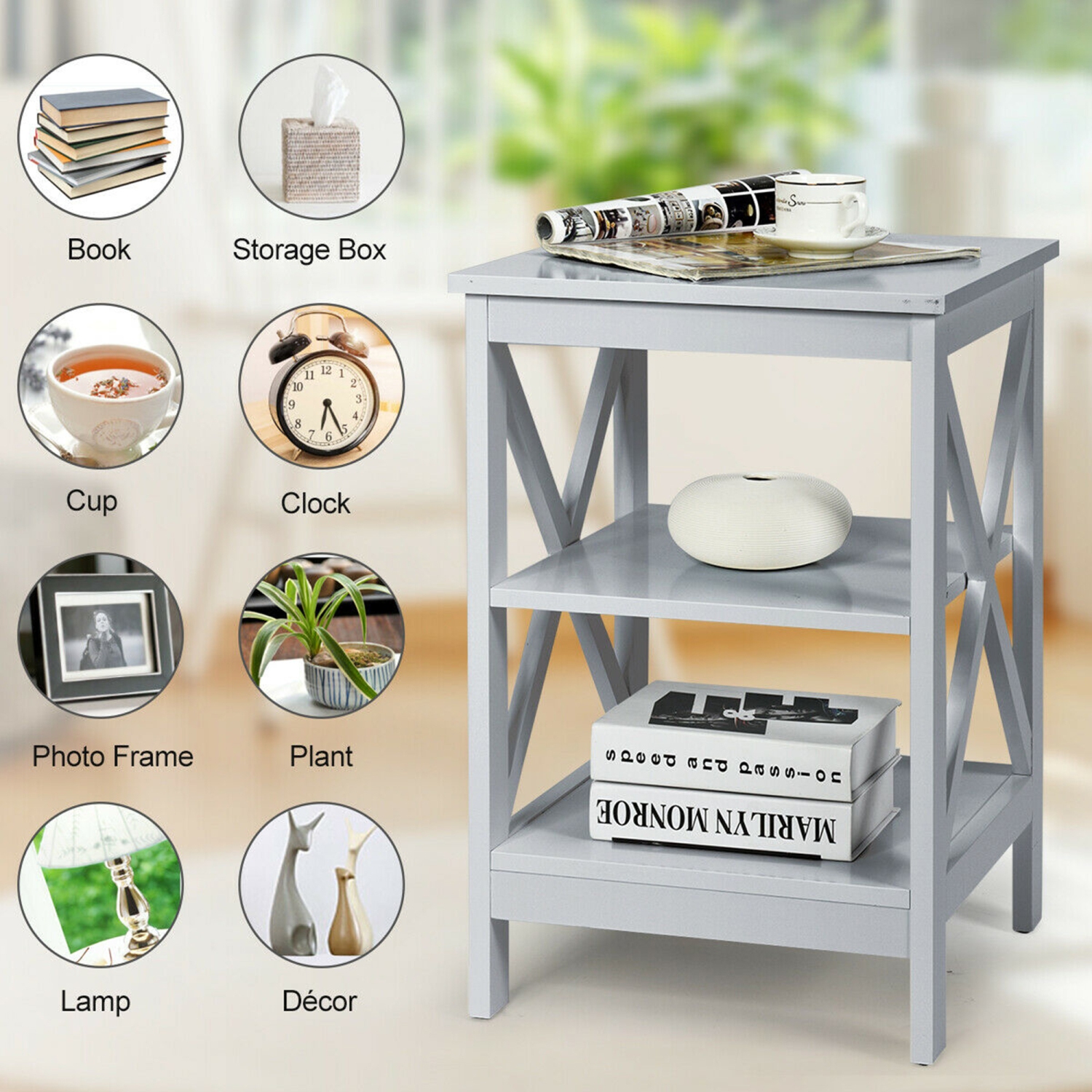 Gymax 3-Tier Nightstand End Table X Design Storage Display Shelf Living Room