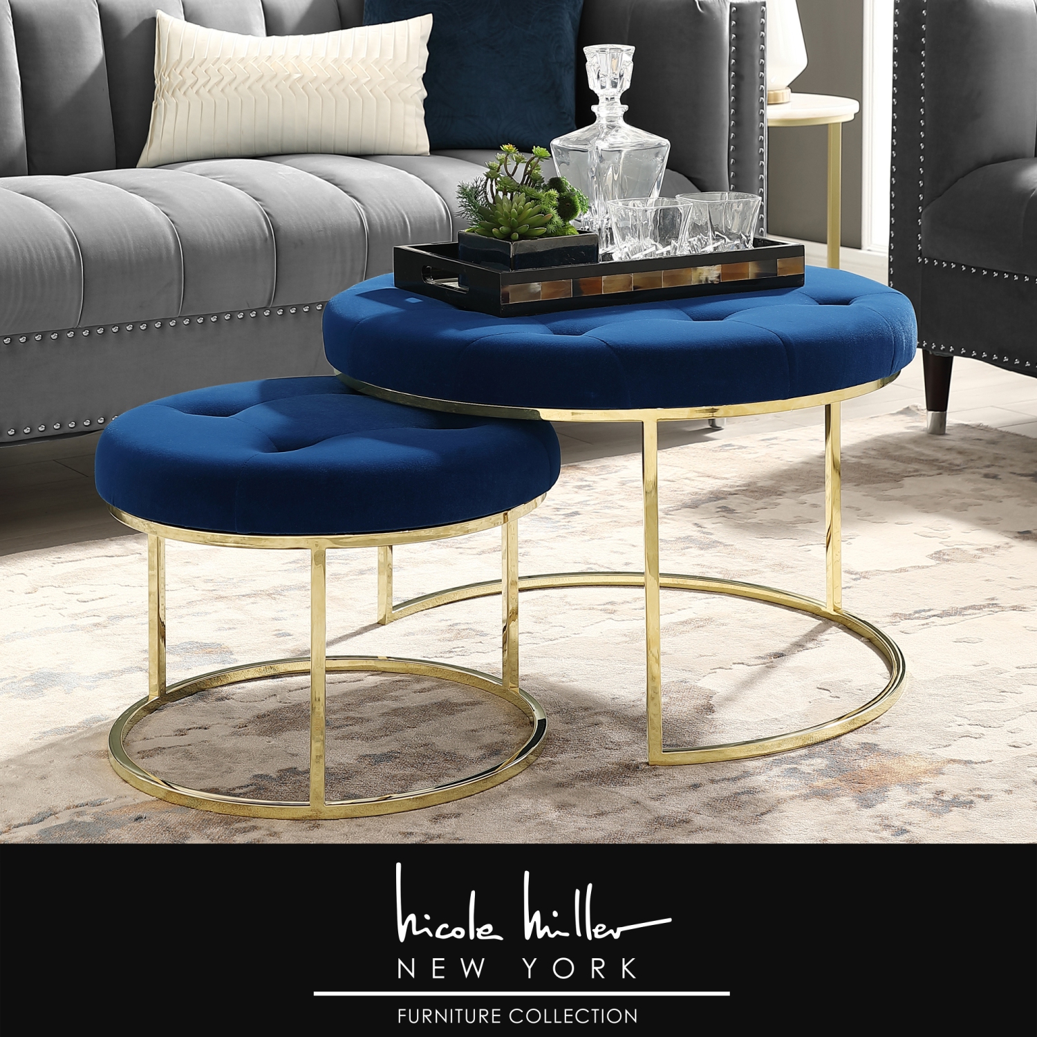 Nicole Miller New York Veronica Velvet Cocktail Coffee Table Ottoman, Set of 2, Navy/Gold