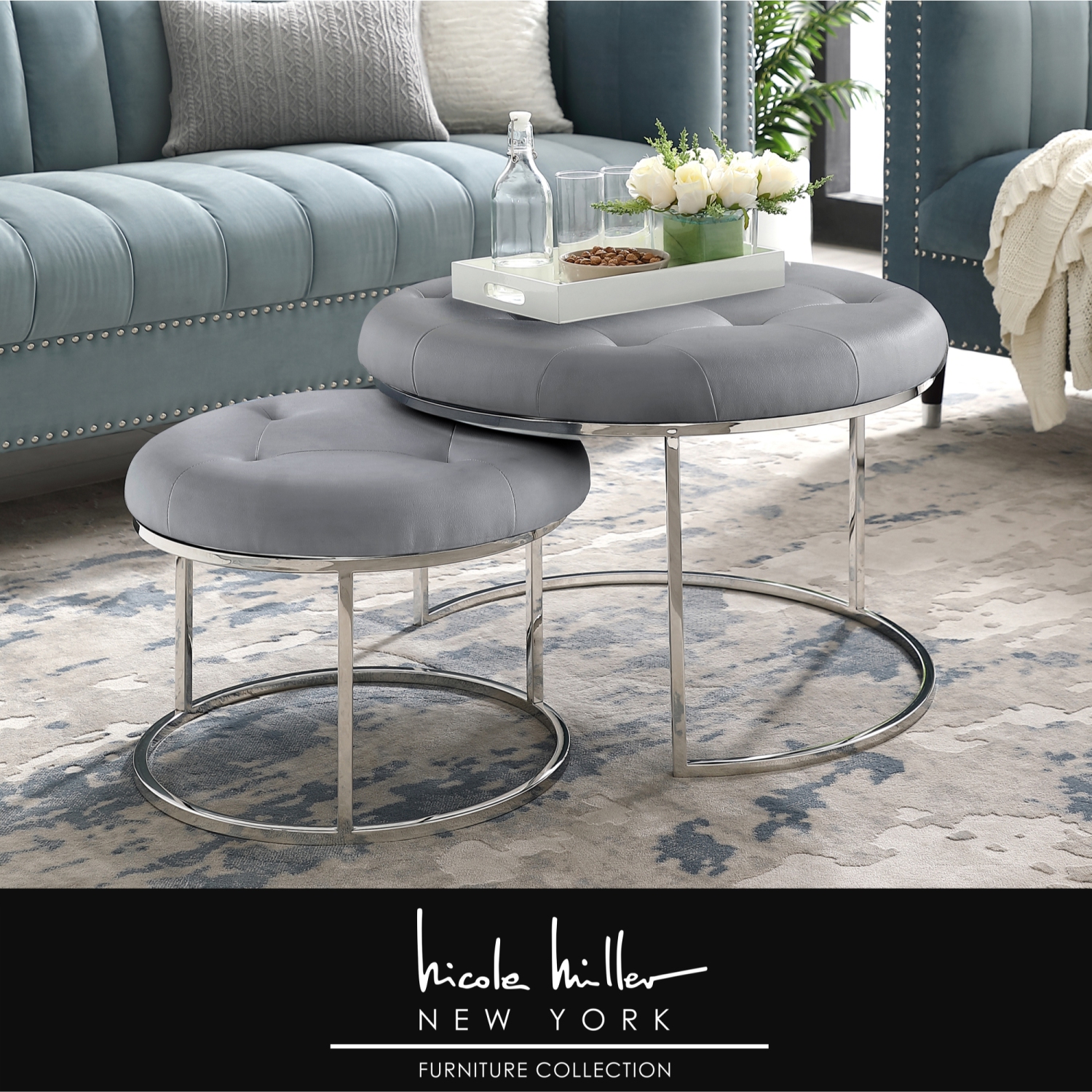 Nicole Miller New York Veronica Leather PU Cocktail Coffee Table Ottoman, Set of 2, Grey/Chrome