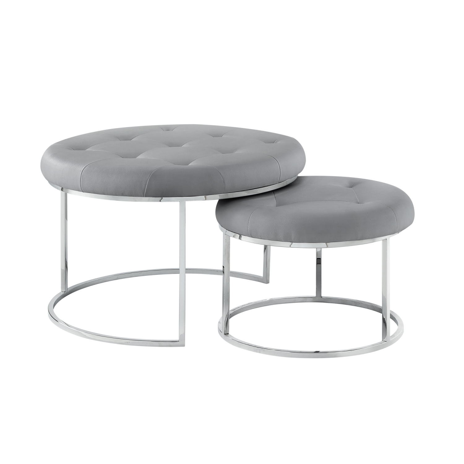 Nicole Miller New York Veronica Leather PU Cocktail Coffee Table Ottoman, Set of 2, Grey/Chrome