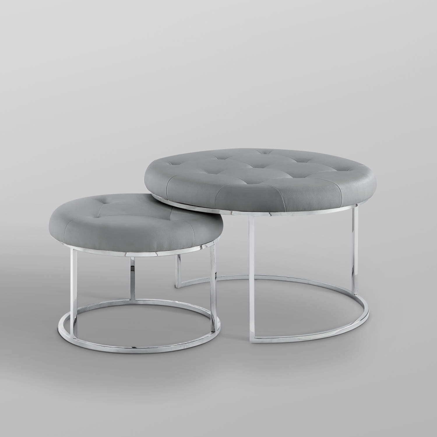 Nicole Miller New York Veronica Leather PU Cocktail Coffee Table Ottoman, Set of 2, Grey/Chrome