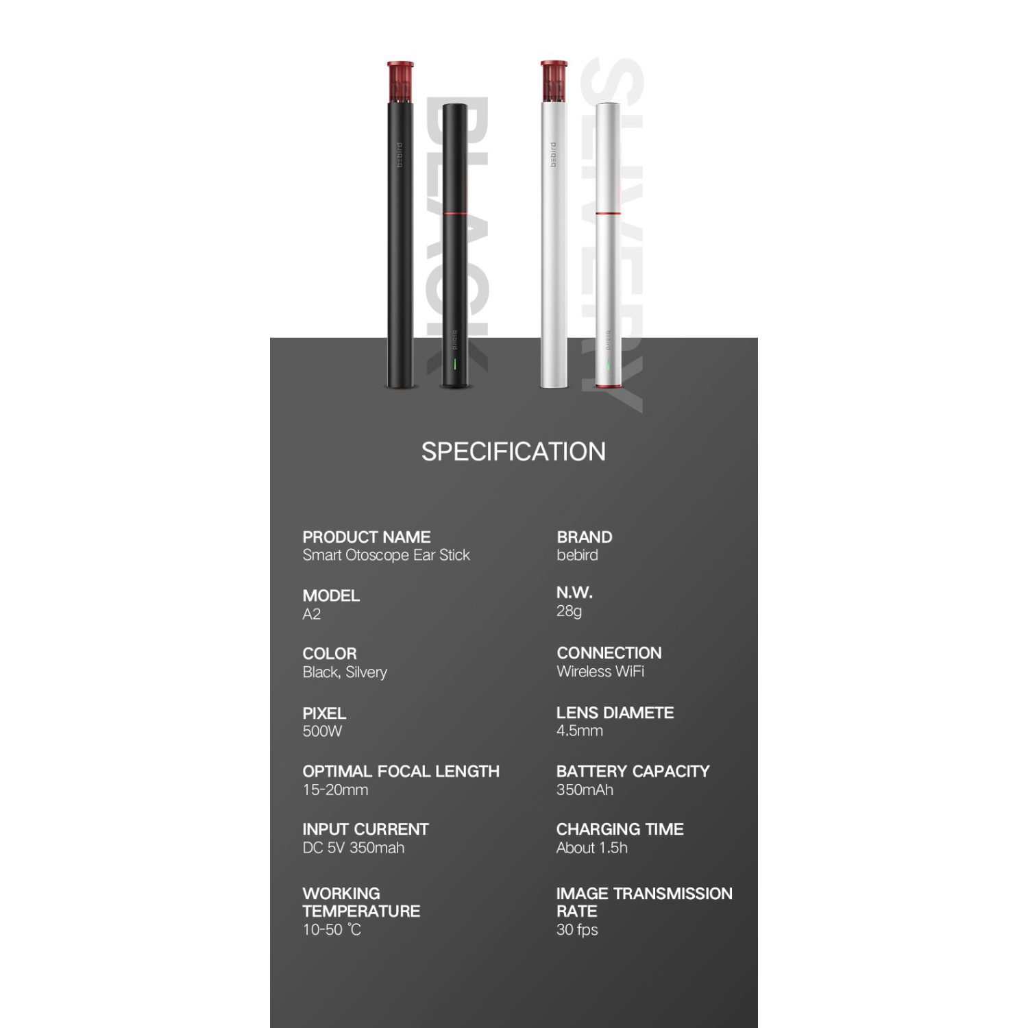 BEBIRD A2 Otoscope intelligent visible couleur argentée