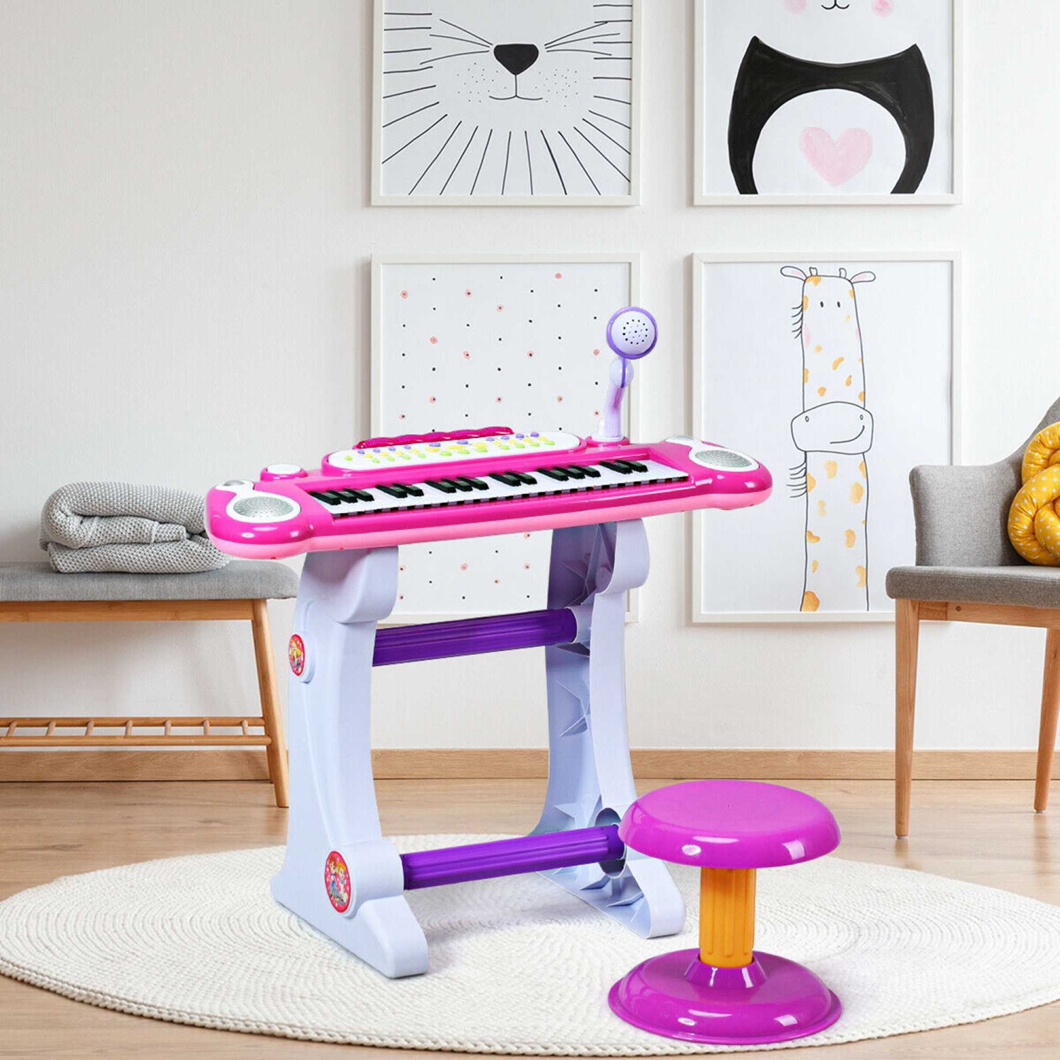 Costway 37 Key Electronic KeyboardPiano MP3 Input w/ Microphone and Stool Pink