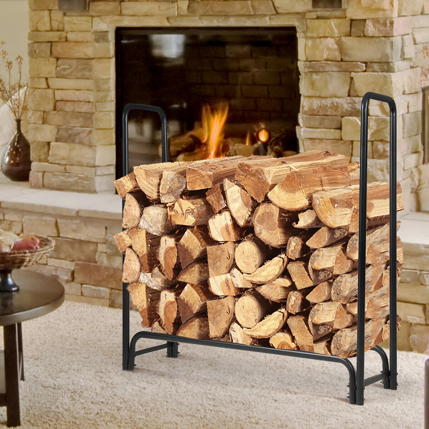 Support de bois de chauffage en métal T1 pour intérieur et extérieur, 2  étagères, support de rangement avec 4 outils de cheminée noir, 75x40x30cm -  AliExpress