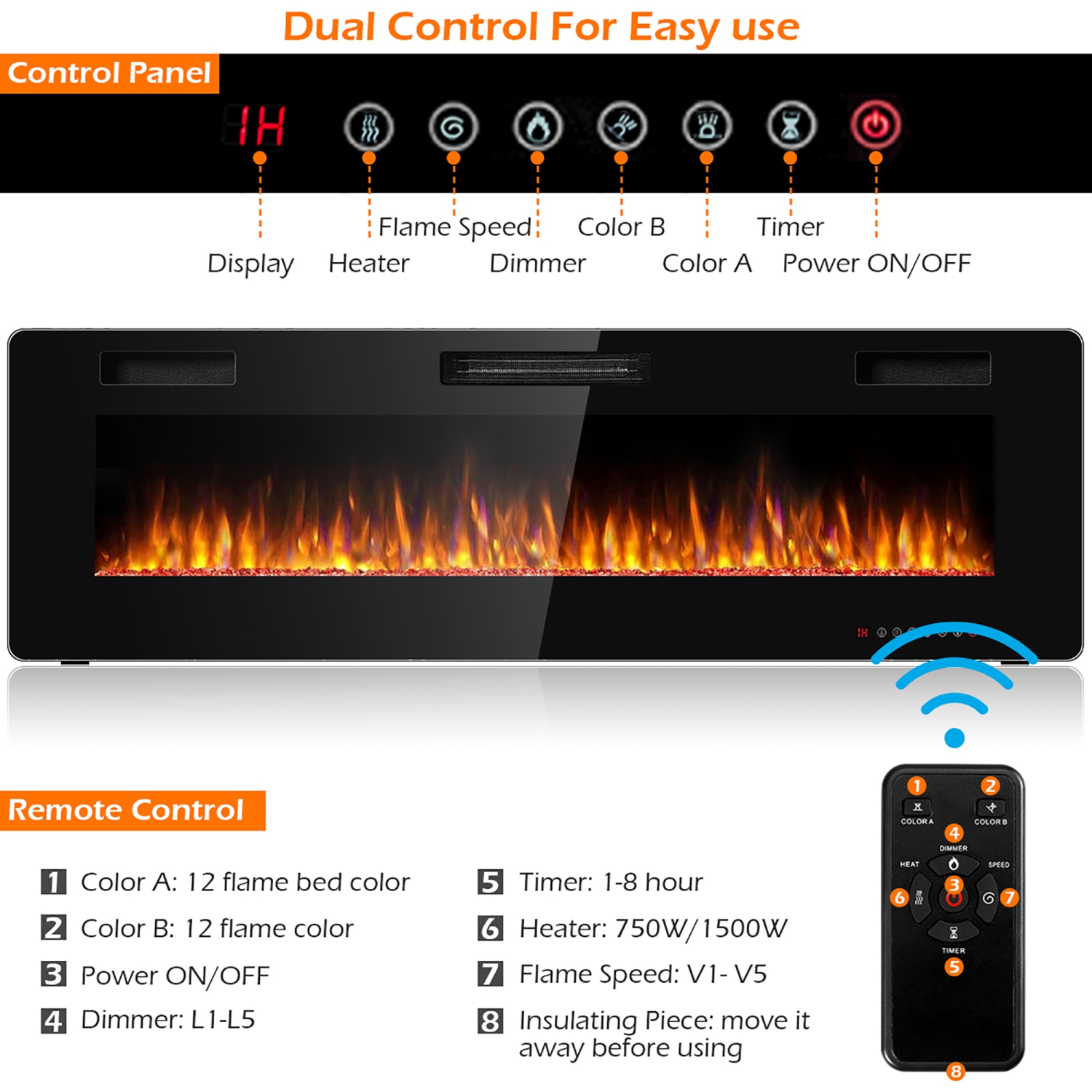 Costway 60'' Electric Fireplace Recessed Ultra Thin Wall Mounted Heater Multicolor Flame