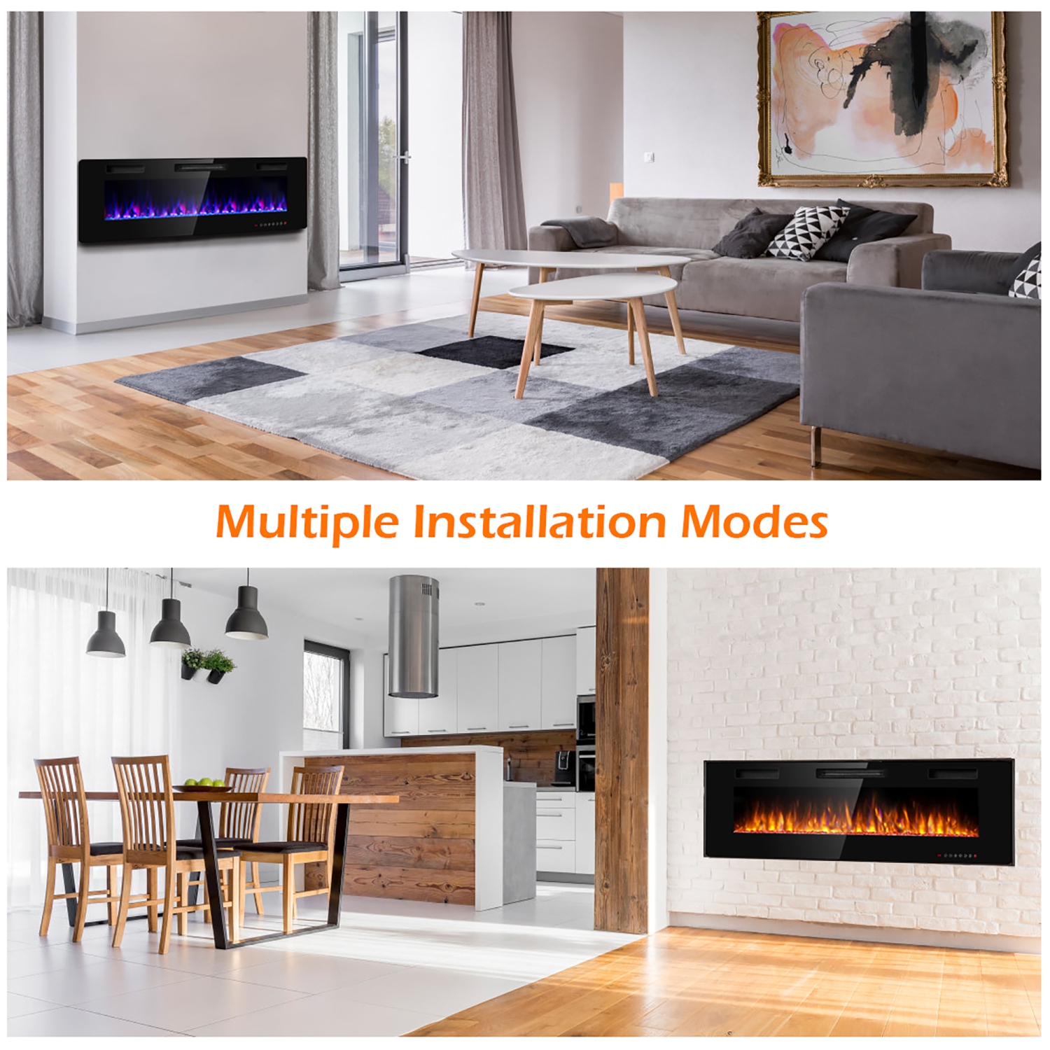 Costway 60'' Electric Fireplace Recessed Ultra Thin Wall Mounted Heater Multicolor Flame