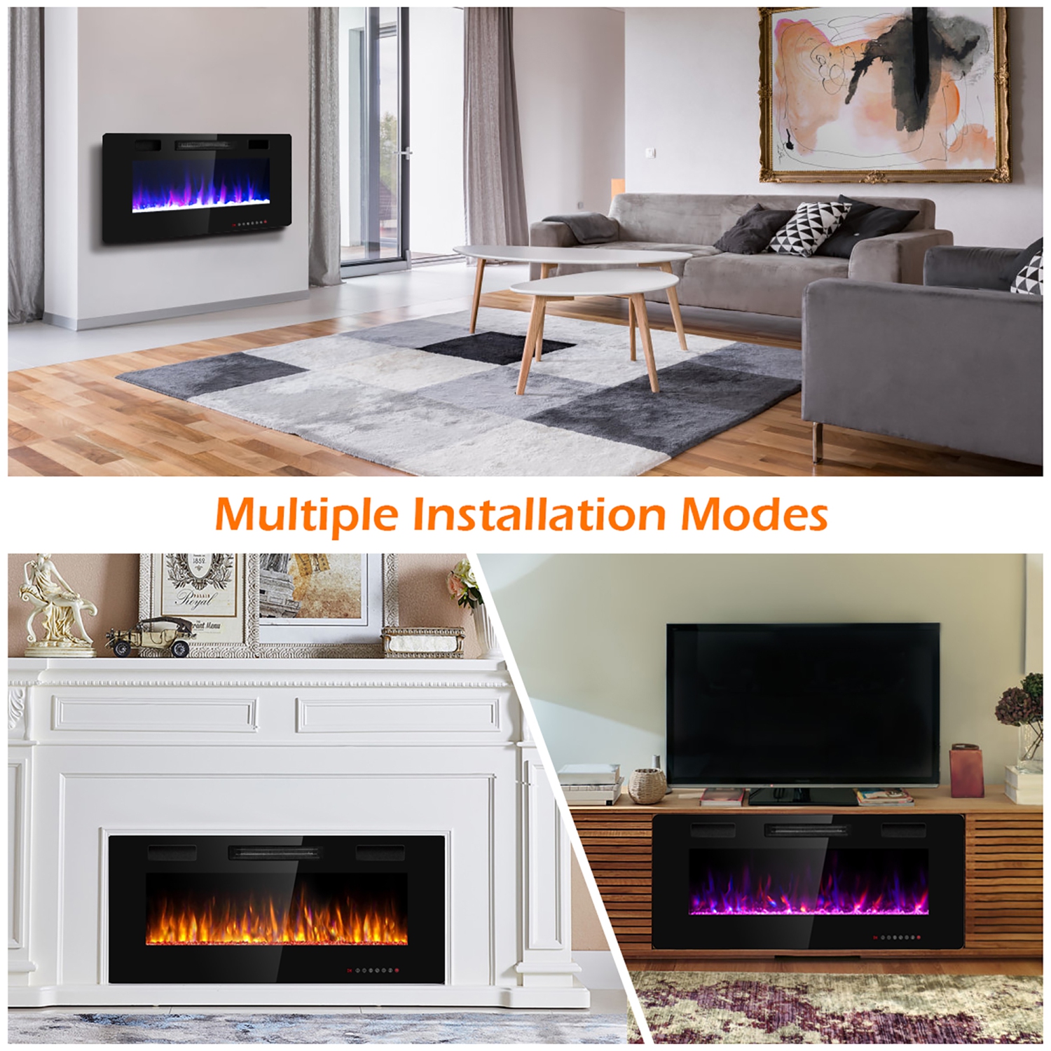 Costway 42'' Electric Fireplace Recessed Ultra Thin Wall Mounted Heater Multicolor Flame