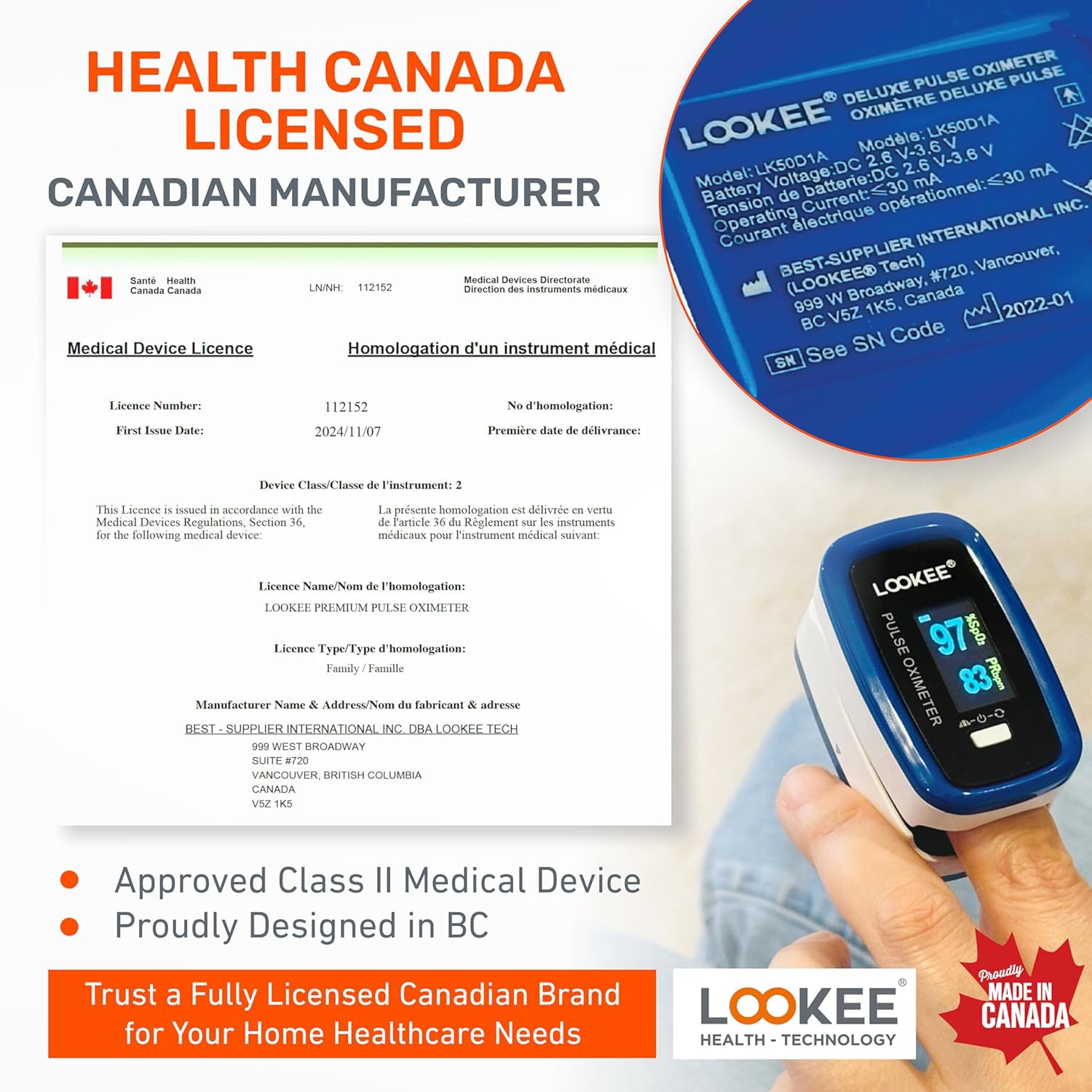 LOOKEE® LK50D1 Deluxe Fingertip Pulse Oximeter | Proudly Canadian | Finger SpO2 Blood Oxygen Saturation Monitor with Auto Rotate OLED Display