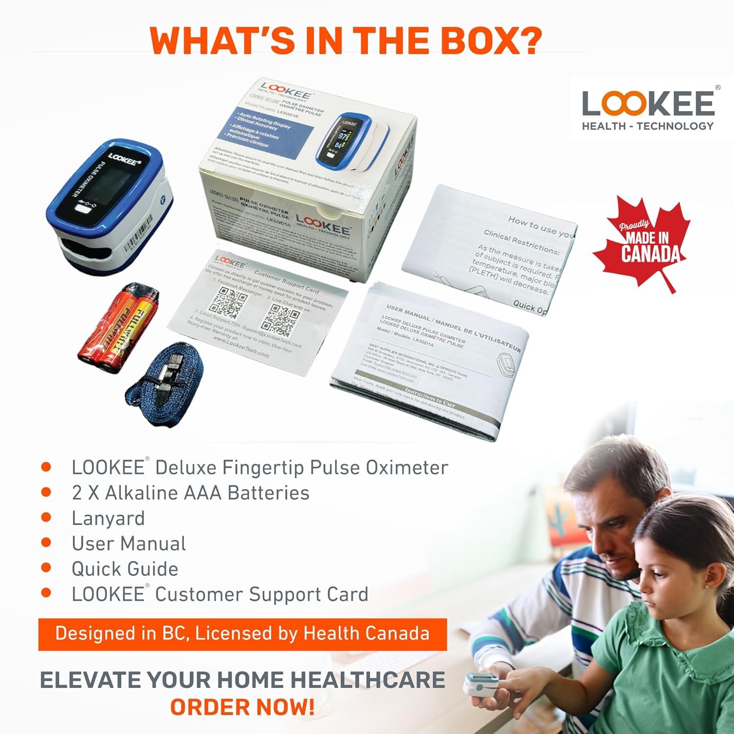 LOOKEE® LK50D1 Deluxe Fingertip Pulse Oximeter | Proudly Canadian | Finger SpO2 Blood Oxygen Saturation Monitor with Auto Rotate OLED Display