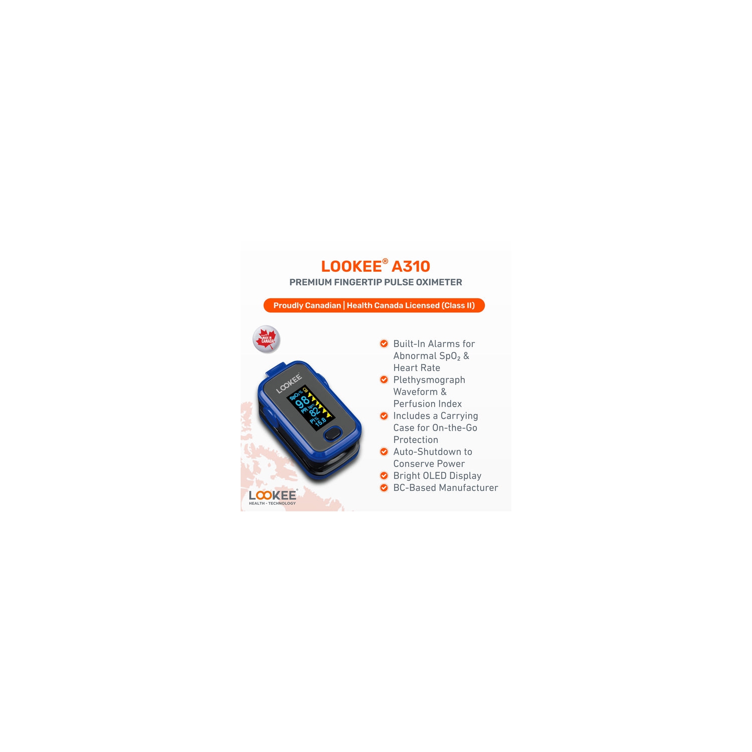 LOOKEE® A310 Premium Pulse Oximeter Finger Monitor | Proudly Canadian | Blood Oxygen Monitor | Medical Grade Accuracy, Alarm & Perfusion Index |