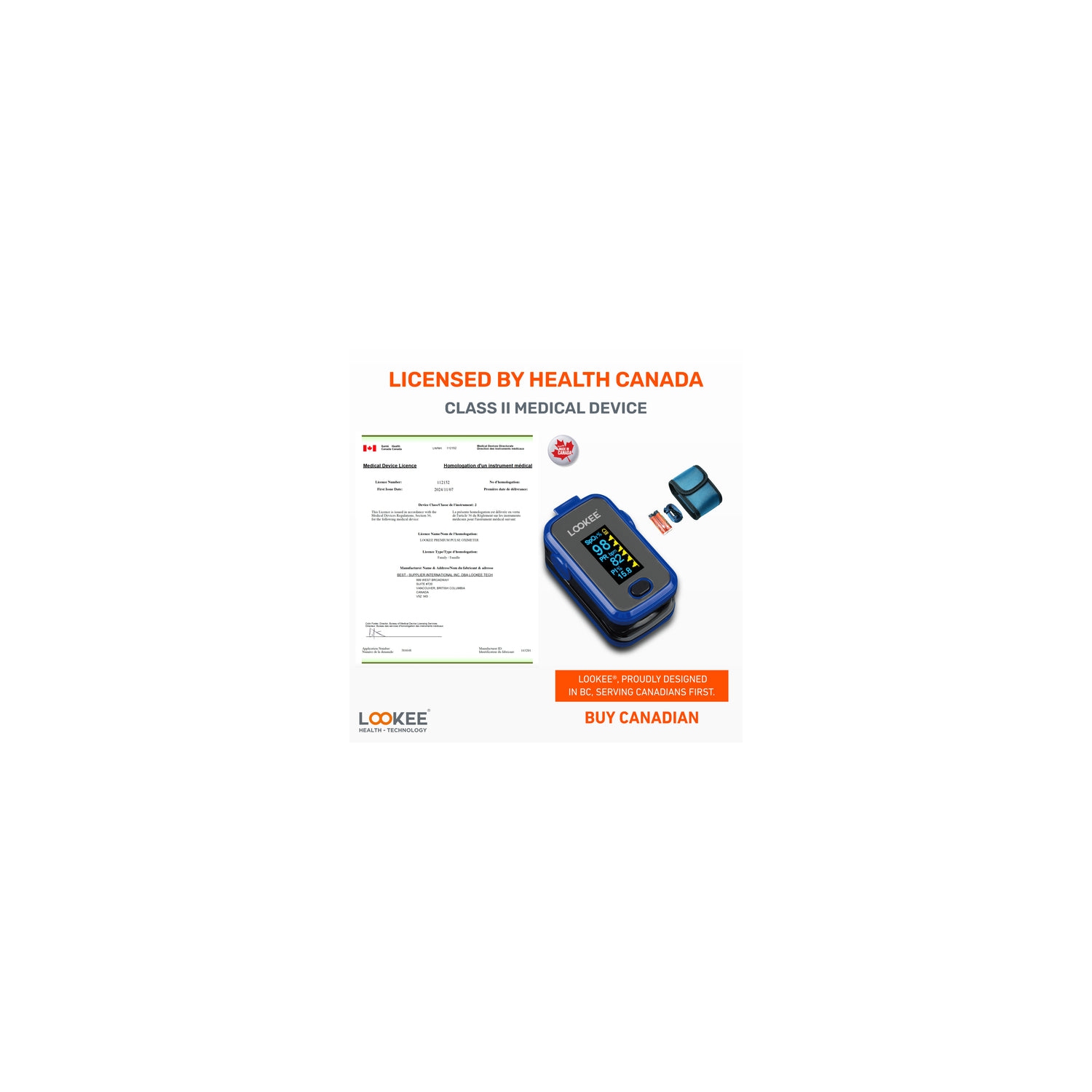 LOOKEE® A310 Premium Pulse Oximeter Finger Monitor | Proudly Canadian | Blood Oxygen Monitor | Medical Grade Accuracy, Alarm & Perfusion Index |