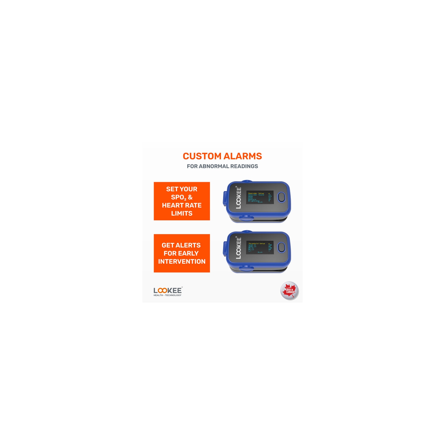 LOOKEE® A310 Premium Pulse Oximeter Finger Monitor | Proudly Canadian | Blood Oxygen Monitor | Medical Grade Accuracy, Alarm & Perfusion Index |