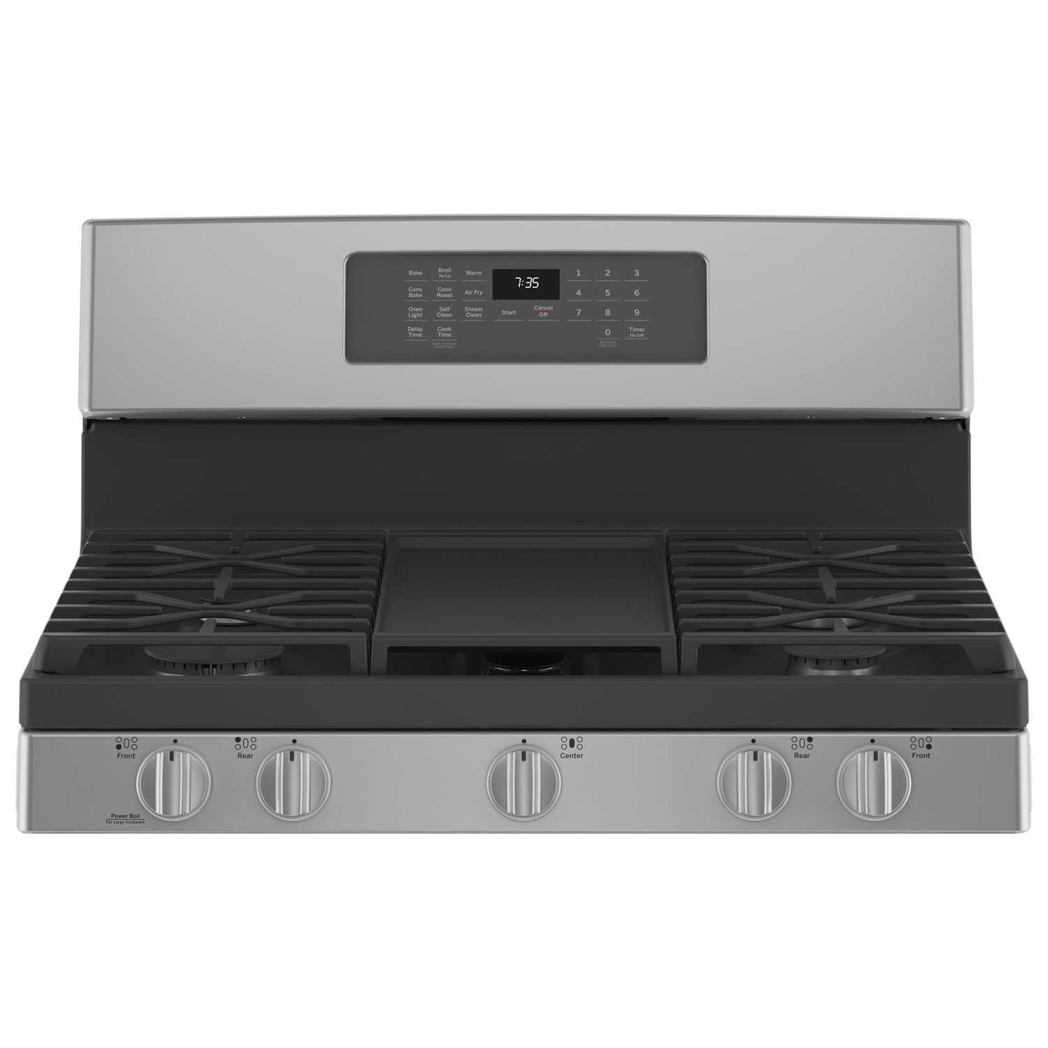 Cuisinière gaz autonome 5 brûleurs ventilateur conv. friture air 5 pi³ 30 de GE - Inox