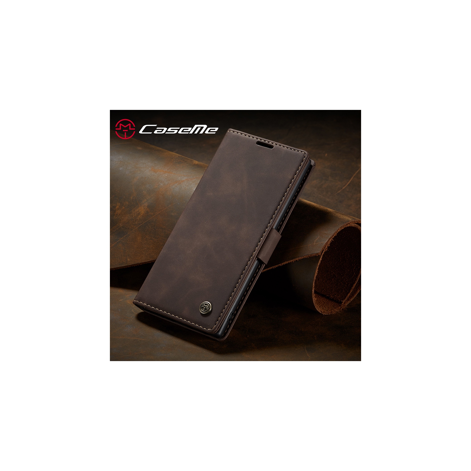 CASEME Retro Handmade Leather Wallet Case with Card Slot & Magnetic Closure for Samsung Galaxy Note 10 Plus - Coffee